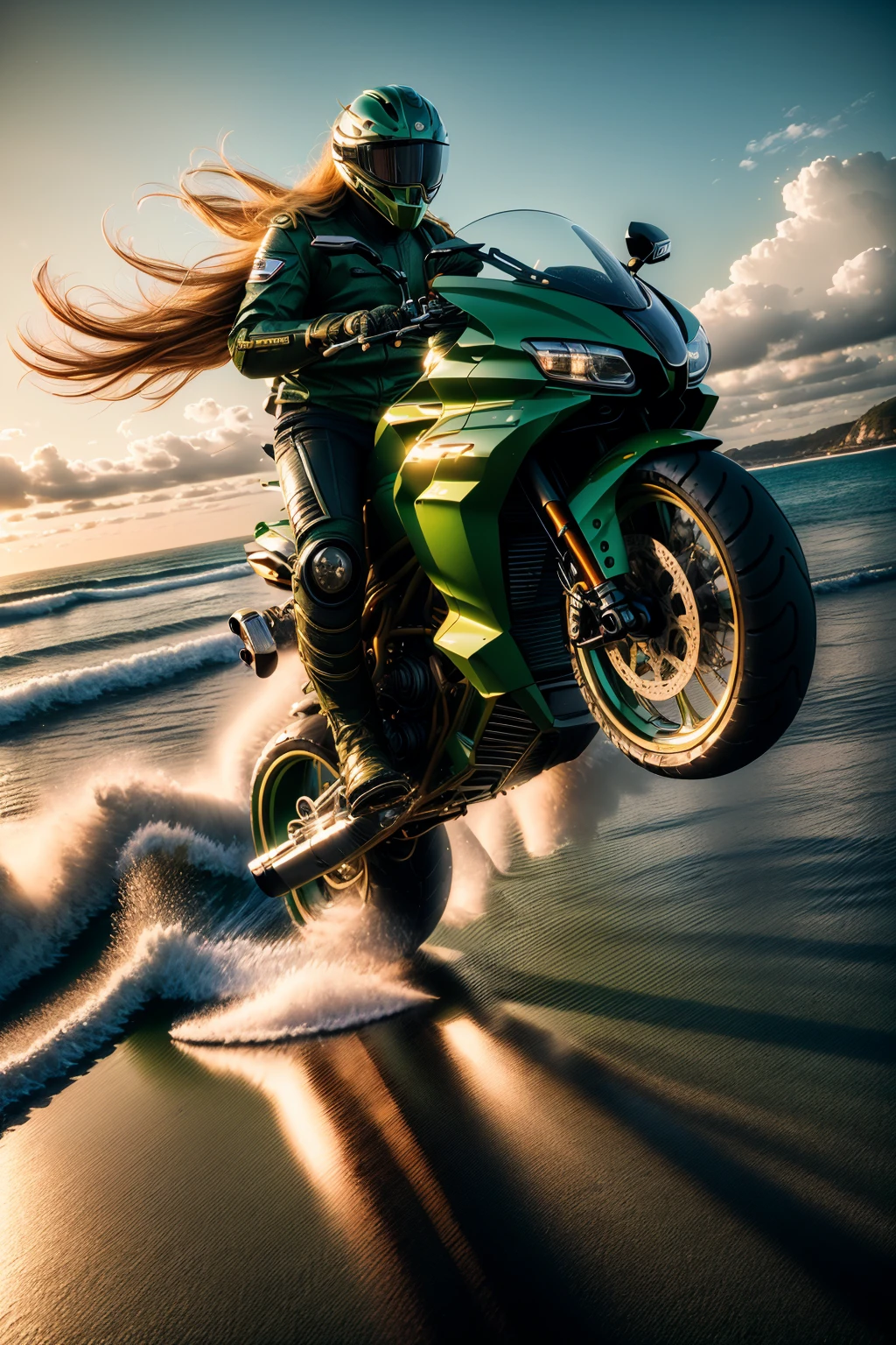 <lora:FutureSuperBike_v3-000009:1> masterpiece, photorealistic highly detailed 8k photography, best cinematic quality, volumetric lighting, volumetric shadows, absurdly long hair honey blonde boy riding (Hunter Green ftsbk), feeling of speed, Coastal Villages at Dawn background, HDRI