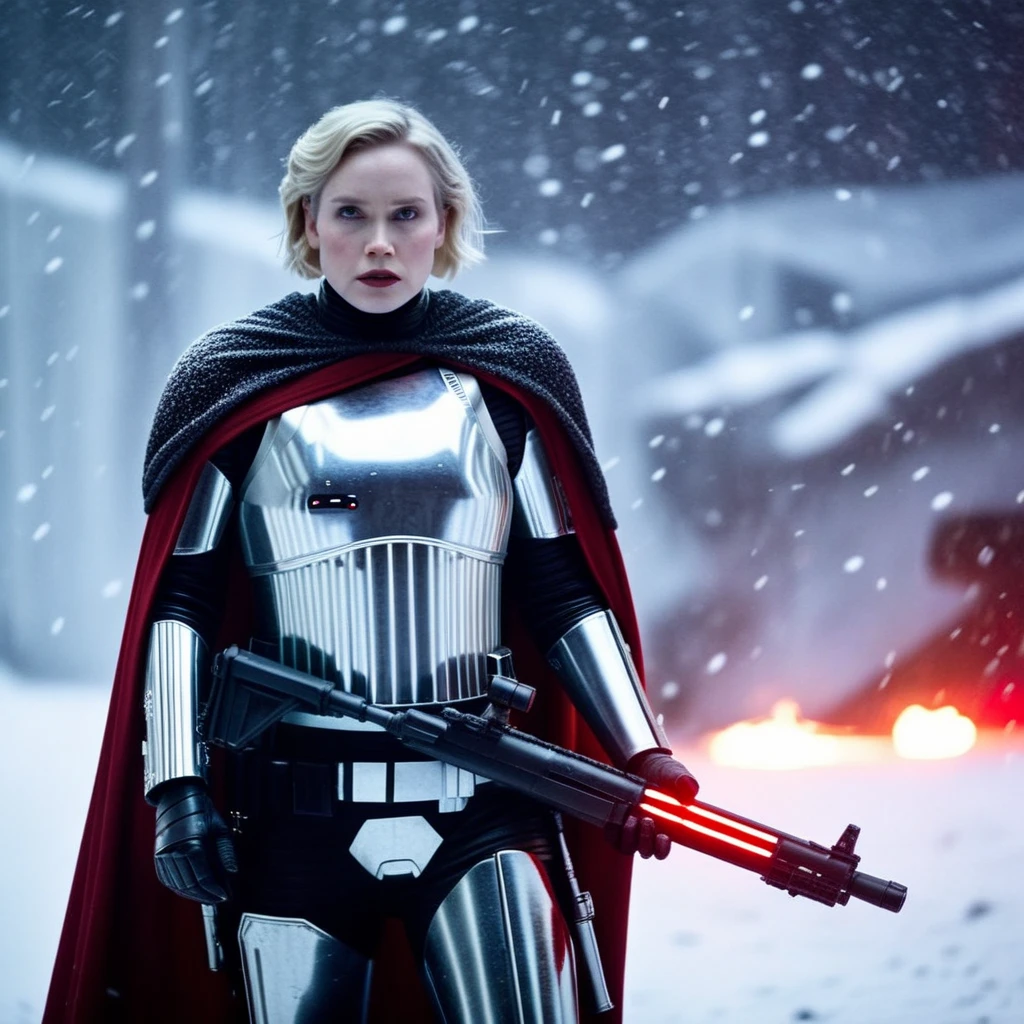 cinematic film still of <lora:Captain Phasma:1>
Captain Phasma a blonde short hair woman with scar marks on her face in a star wars silver armor outfit with cape holding a gun in a snow storm In Star Wars Universe, shallow depth of field, vignette, highly detailed, high budget, bokeh, cinemascope, moody, epic, gorgeous, film grain, grainy