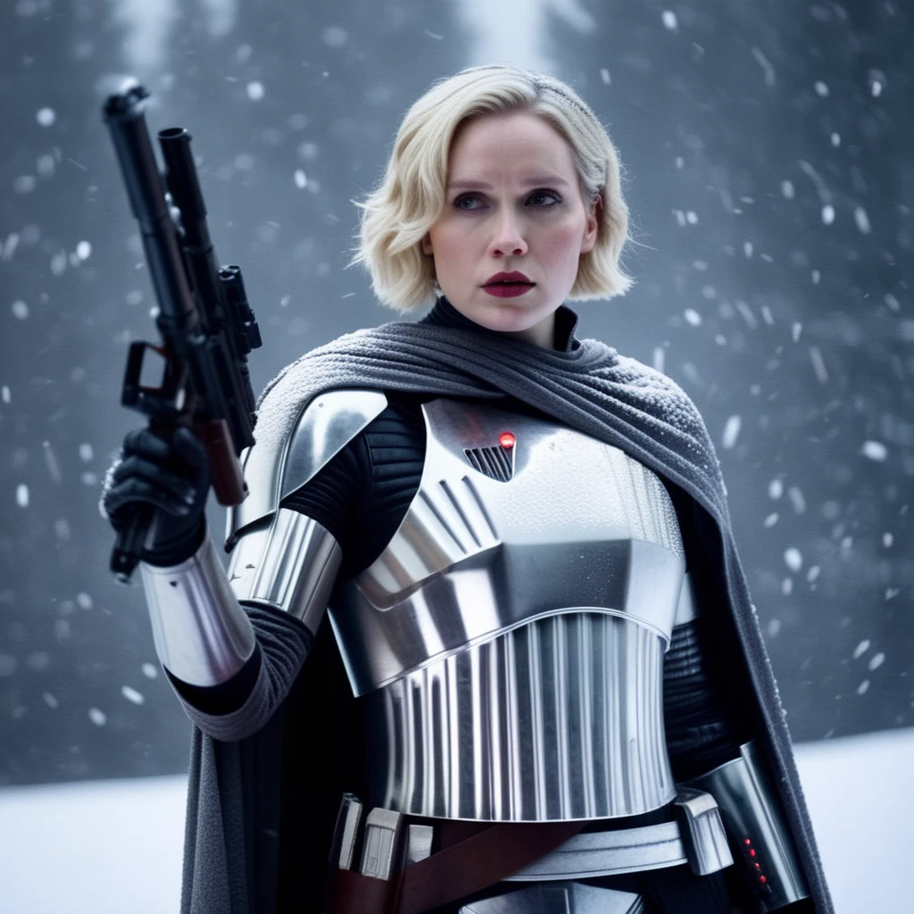 cinematic film still of <lora:Captain Phasma:1>
Captain Phasma a blonde short hair woman with scar marks on her face in a star wars silver armor outfit with cape holding a gun in a snow storm In Star Wars Universe, shallow depth of field, vignette, highly detailed, high budget, bokeh, cinemascope, moody, epic, gorgeous, film grain, grainy