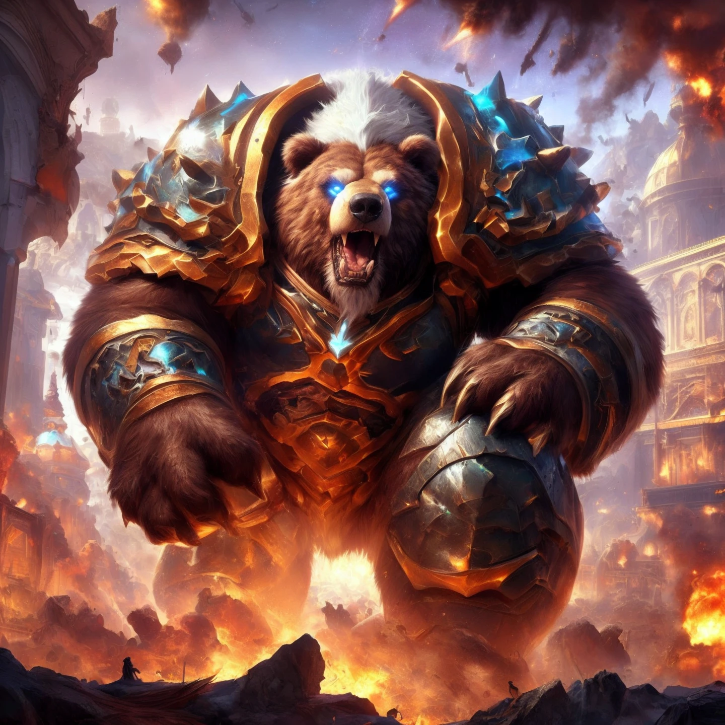 outside, bear, furry, macro, cityscape, city, city destruction, stomping, growling, micro, micro abuse, group, war, heavy armor, shoulder armor, vambraces, armored boots, knee pads, breastplate, spikes, rampage, fighting pose, crush, building destruction, detailed background, building, 
 <lora:macrobearv3.1:1>, digital drawing (artwork), raytracing, 4K UHD, high detail, vibrant, vivid, artistic, dark fantasy, raytracing, detailed background, realistic, detailed, bear, furry, brown fur, (white mane:1.3), thick eyebrows, white eyebrows, chest tuft, white tuft, musclegut:1.1, detailed fur, thick arms, thick thighs, blue eyes, glowing eyes:0.5,  dark nipples,  pecs, handpaw, big chest, broad shoulders, big trapezius