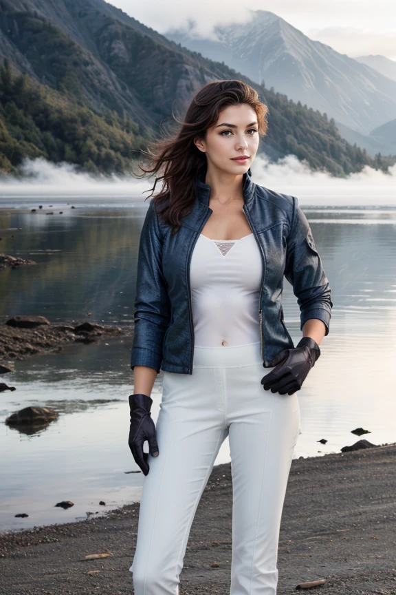 1 woman, detailed, realistic, standing, full body shot, Dawn, misty lakeside with a backdrop of mountains bathed in soft light.
<lora:Red Zip Elegance by Stable Yogi:0.8> blue jacket, black gloves, white pants, brown knee boots, zipper cleavage
