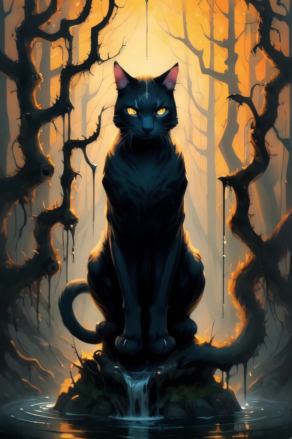 painting of a beautiful cat in a stream in the woods, paint drips liquid wax, in a menacing pose, no watermark signature, monstrous animal statues, rendered in corona, with a white muzzle, rich moody colour, adidas painting, large yellow eyes, listing image, image on the store website,
speedpainting