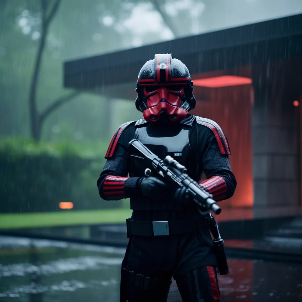 cinematic film still of <lora:Inferno Squad:1.2>
Inferno Squad a Inferno Squad trooper standing outside a building with heavy rain, shallow depth of field, vignette, highly detailed, high budget, bokeh, cinemascope, moody, epic, gorgeous, film grain, grainy