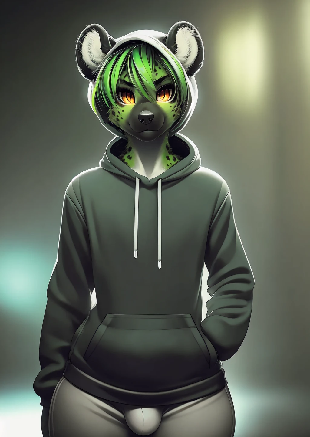 1man,spotted hyena,hyena,canine,(sweatshirt:1.4),(slim:0.3),(wide hips:1.4),cute,(muscular:0.4),spots,green body,green fur,black belly,black chest,black muzzle,long green feline tail,slit pupils,black scleras,green hair,medium haircut,orange eyes,cat eyes,bulge,pants,art by Tsampikos,, (dark shot:1.17), epic realistic, faded, ((neutral colors)), art, (hdr:1.5), (muted colors:1.2), hyperdetailed, (artstation:1.5), cinematic, warm lights, dramatic light, (intricate details:1.1), complex background, (rutkowski:0.8), (teal and orange:0.4)