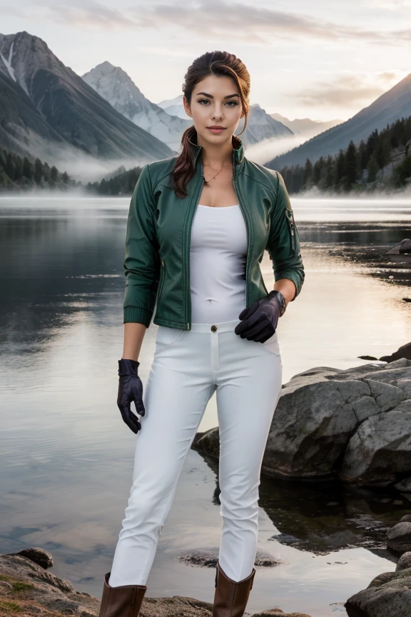1 woman, detailed, realistic, standing, full body shot, Dawn, misty lakeside with a backdrop of mountains bathed in soft light.
<lora:Red Zip Elegance by Stable Yogi:0.8> green jacket, black gloves, white pants, brown knee boots, zipper cleavage