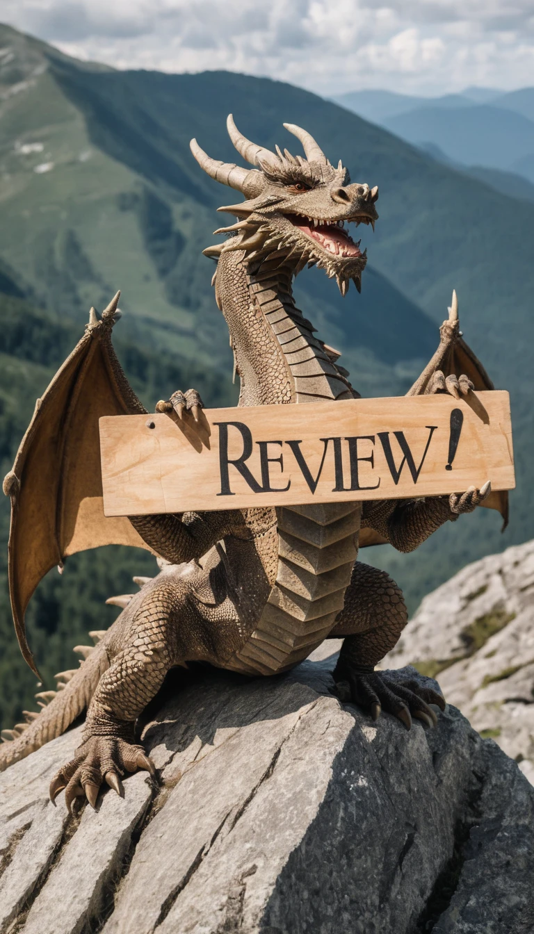 A photo of a (majestic dragon:1.3), perched atop a craggy mountain peak, holding a wooden sign with the word 'REVIEW' in bold, medieval-style letters,