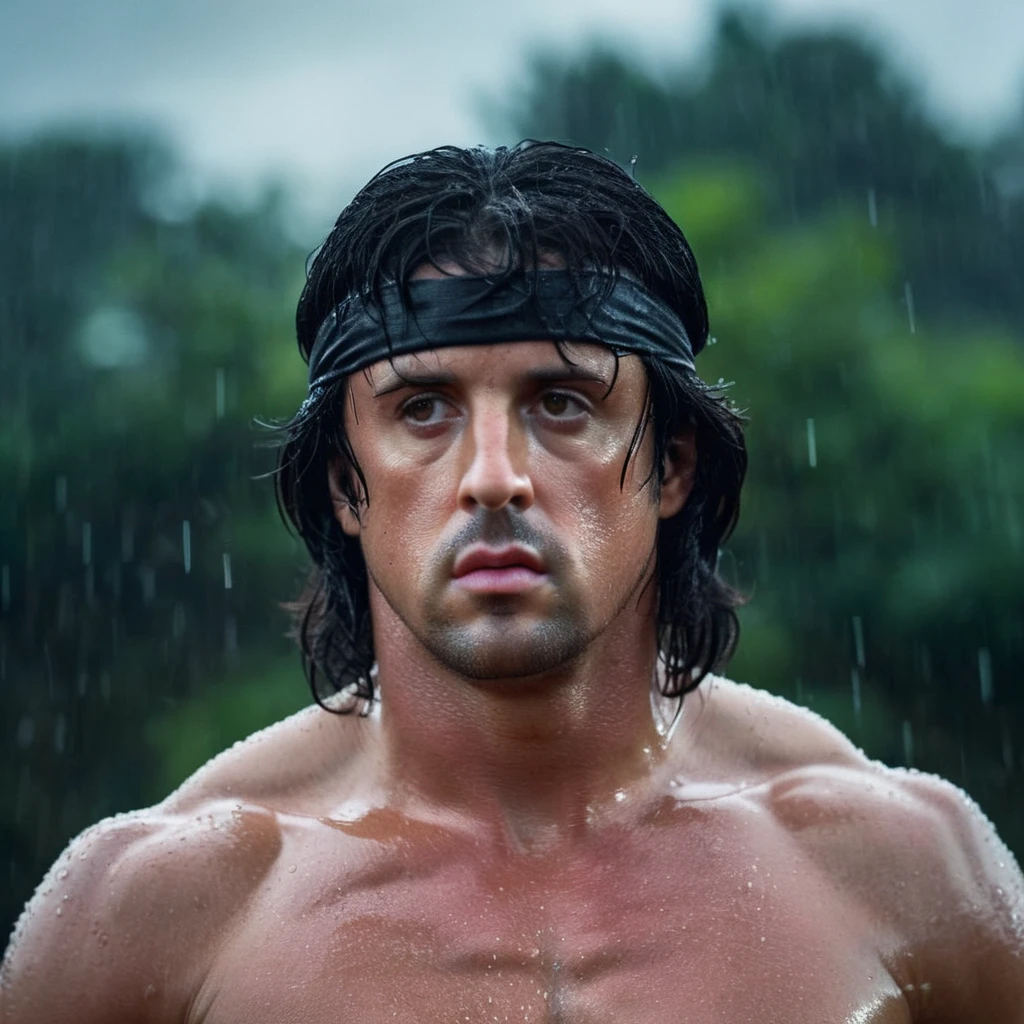 cinematic film still of <lora:Rambo:1>
Rambo a man with a wet head and black hair in a rainy stormy weather looking to the camera, shallow depth of field, vignette, highly detailed, high budget, bokeh, cinemascope, moody, epic, gorgeous, film grain, grainy
