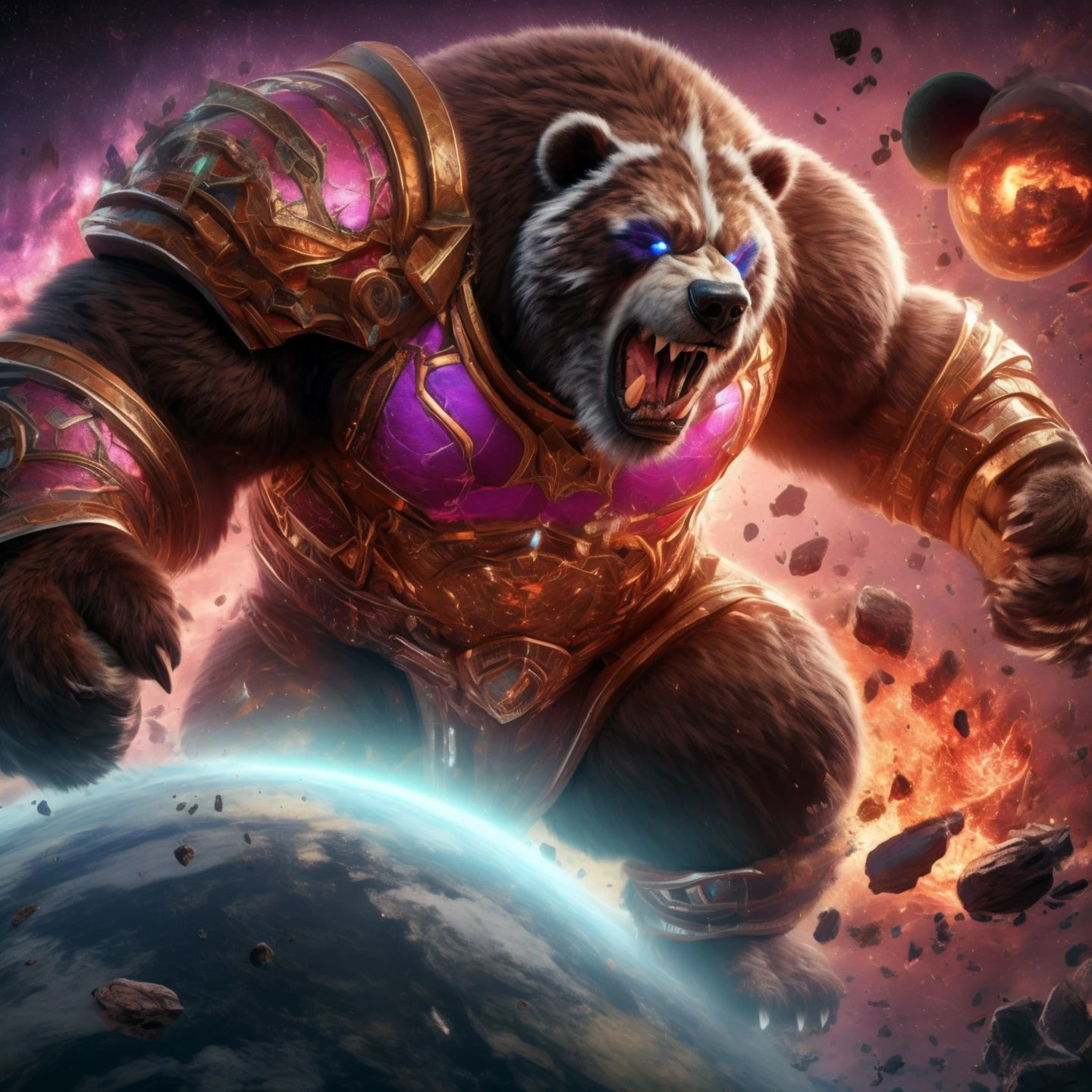 macro, bear, terra macro, big muscles, shoulder armor, vambraces, crush planet, planet destruction, shrunken planet, earthquake, lava, looking down, frown, growling, crush, full-length portrait, three-quarter view, plackart, greaves, space, cosmic background, flying, levitation, handpaw, punch, smash, destruction,
<lora:macrobearv3.1:1>, digital drawing (artwork), raytracing, 4K UHD, high detail, vibrant, vivid, artistic, dark fantasy, raytracing, detailed background, realistic, detailed