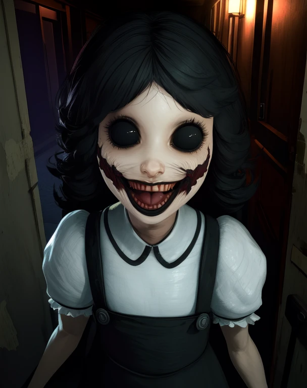 agatha,black hair,black eyes,smile,open mouth,tongue. teeth, 
puffy sleeves,black dress,white shirt,
standing,upper body,
abandoned school,night,dark corners,
(insanely detailed, beautiful detailed face, masterpiece, beautiful detailed eyes, best quality),<lora:agatha:0.8>,