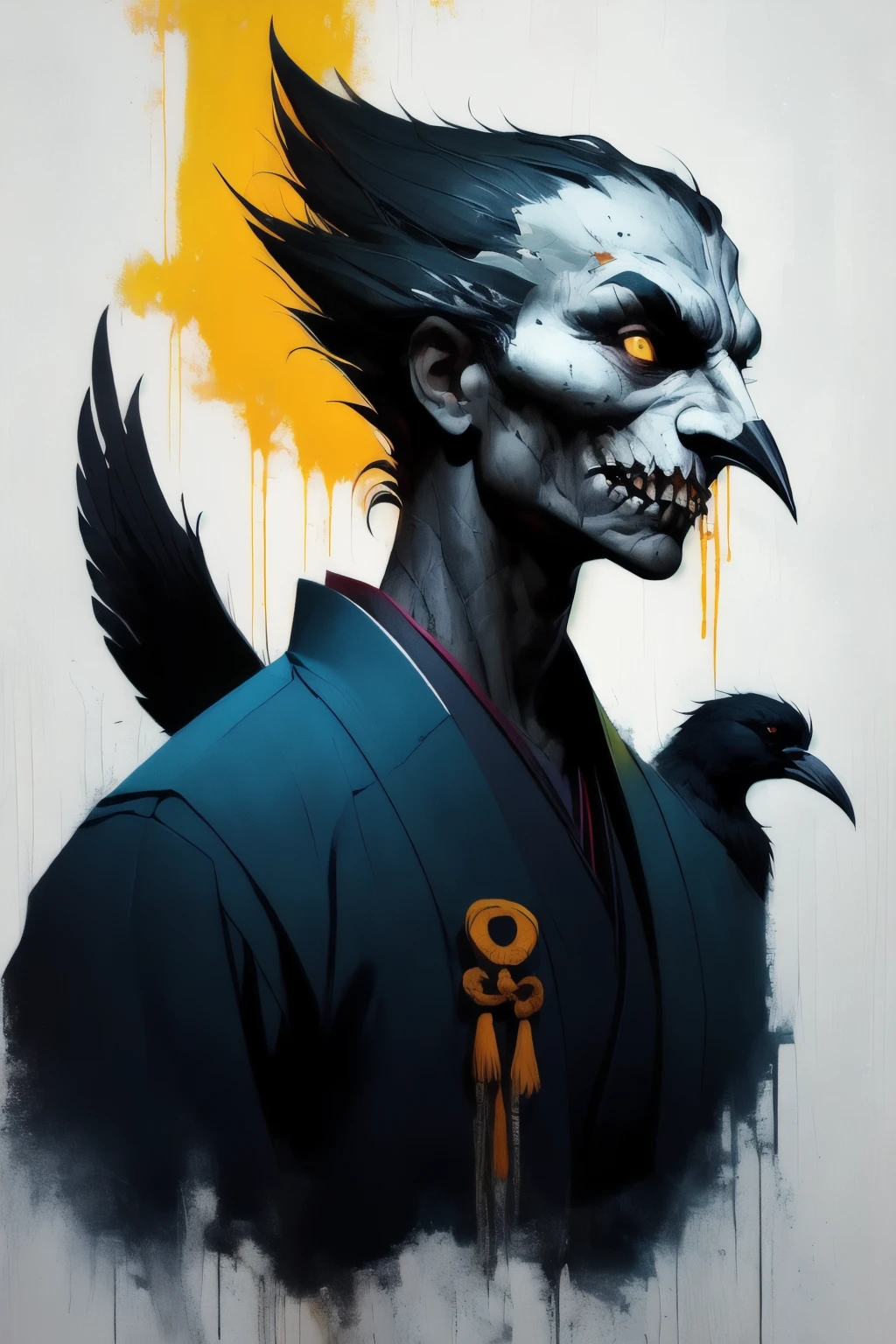 painting of a beautiful samurai with crow head in a stream in the woods, paint drips liquid wax, in a menacing pose, no watermark signature, monstrous animal statues, rendered in corona, with a white muzzle, rich moody colour, adidas painting, large yellow eyes, listing image, image on the store website,
speedpainting