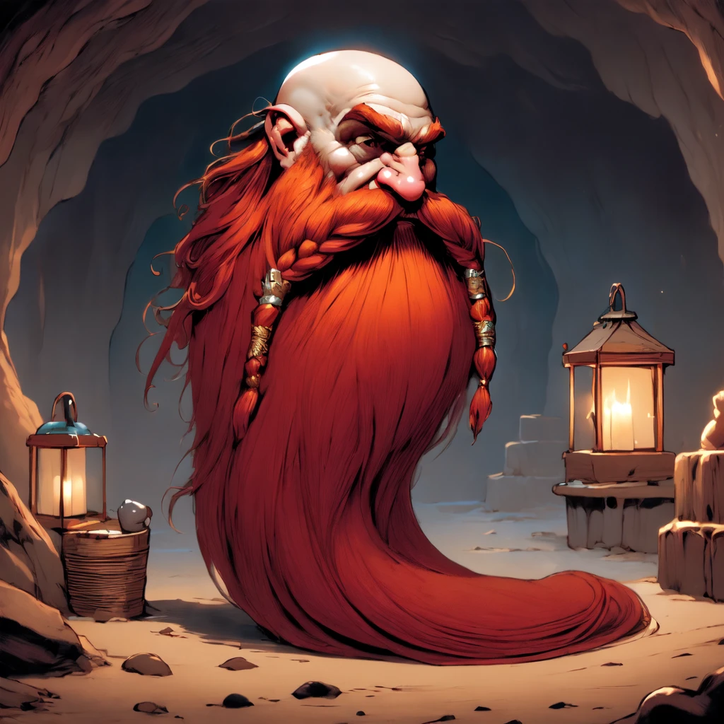 ultra detailed, masterpiece, Harry_Dwarf, dwarf-like, flowing long red beard, braided moustache,bald, bangles, beautiful lighting, underground dark cave, lanterns, mining gear, pickaxes , RPG artwork <lora:Harry_Dwarf_SD1.5:1>, side view