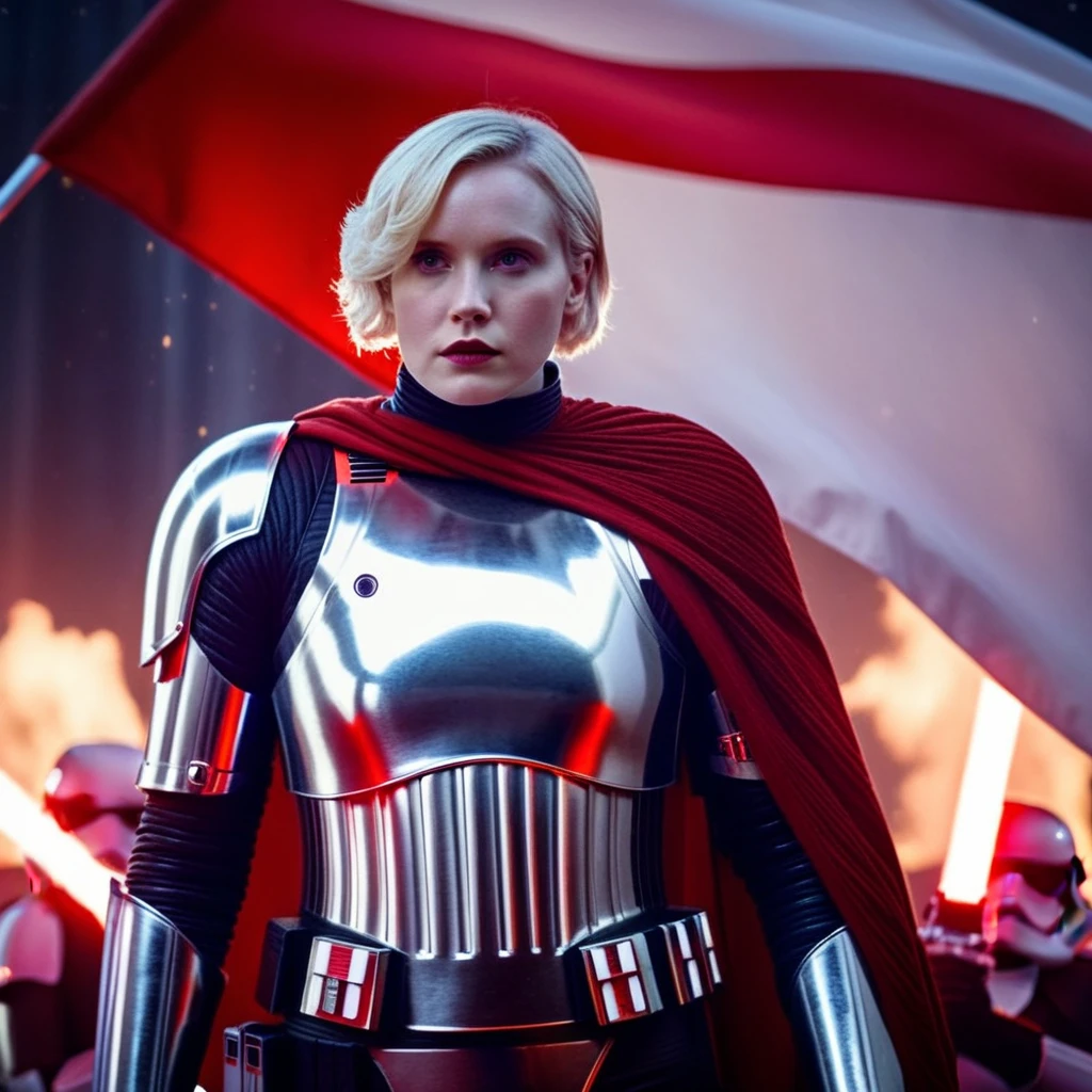 cinematic film still of <lora:Captain Phasma:1.5>
Captain Phasma an epic hot blonde short hair woman in a star wars silver armor costume standing behind a red star wars flag In Star Wars Universe, shallow depth of field, vignette, highly detailed, high budget, bokeh, cinemascope, moody, epic, gorgeous, film grain, grainy