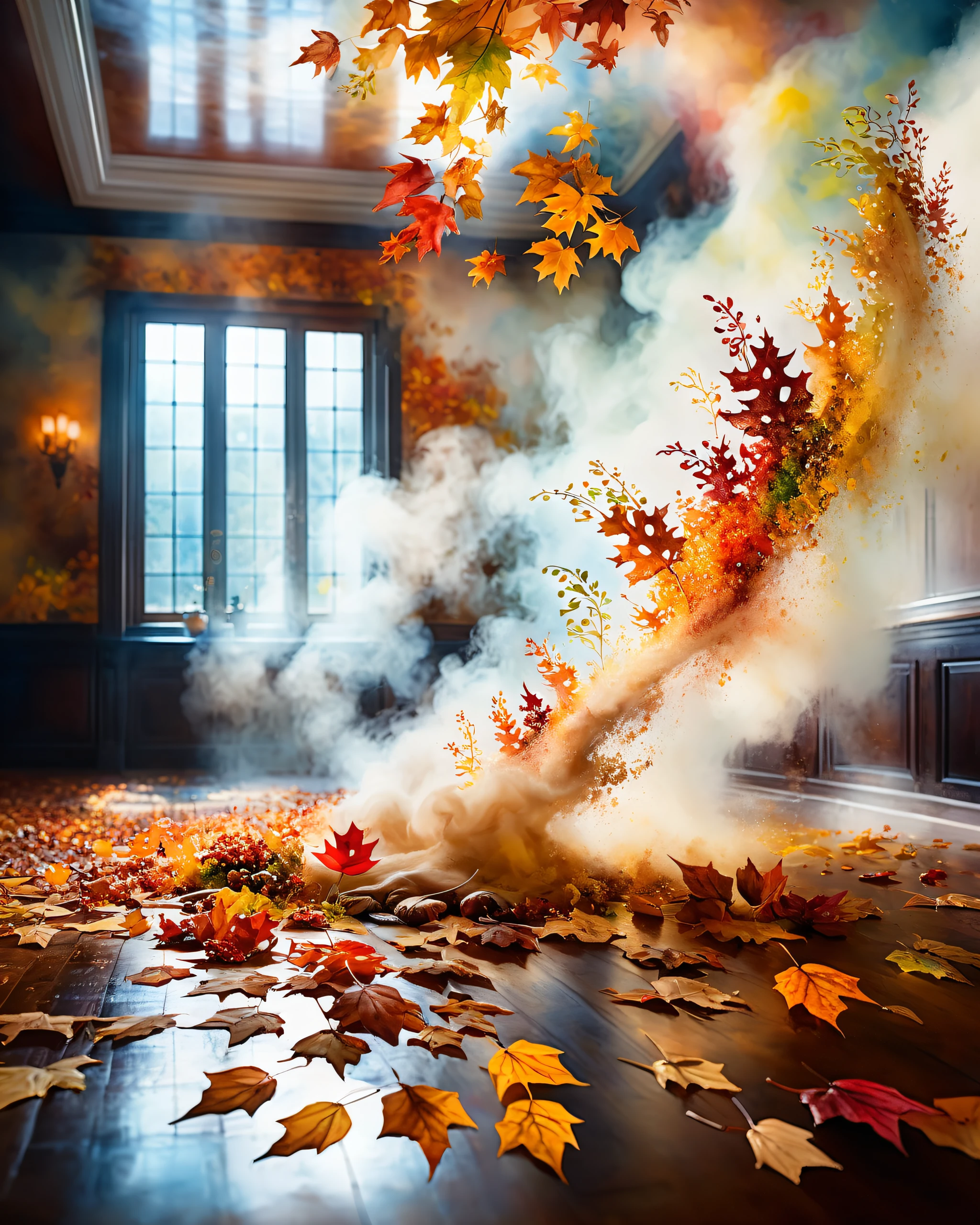 cinematic photo indoors, Watercolor Paint of a fall indoors, Swirling,Callous,, [stylized by Liam Wong: Albert Bloch:15] , Foggy, Bokeh. uhd, 8k, intense lighting, award winning masterpiece, extremely detailed, detailed background, cinematic, complex and multidimensional lighting