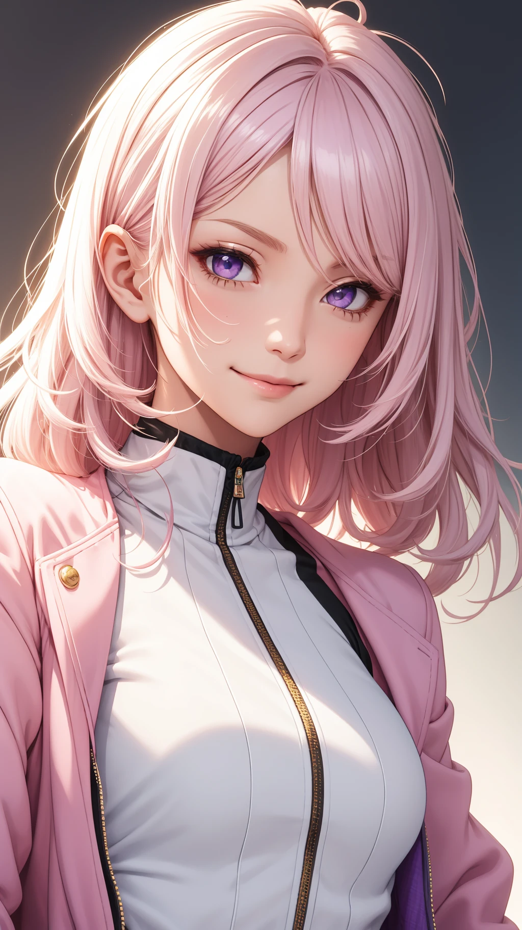 (masterpiece, best quality), intricate details, thin, ((slim)), beautiful girl, Light pink hair, white skin, light purple eyes, sharp jawline, cropped jacket, messy hair, upper body, close up, smirk