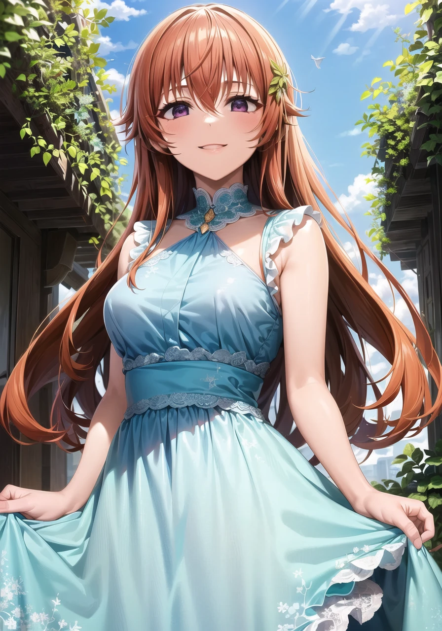 (masterpiece, best quality, ultra-detailed), (illustration), (beautiful detailed eyes), 1girl, solo, konoe kanata, long hair, bangs, purple eyes, orange hair, hair ornament, <lora:Kanata_V1.2:0.7>, medium breasts
dress,
light smile, cowboy shot, tareme
outdoors, day, blue sky, (greenery:1.3), depth of field,  <lora:1651489307798708599 (1):0.6> <lora:add_detail:0.4> <lora:GoodHands-vanilla:1> <lora:tareme:0.4>