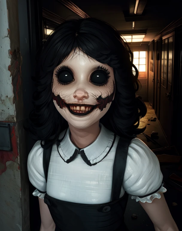 agatha,black hair,black eyes,smile,
puffy sleeves,black dress,white shirt,
standing,upper body,
abandoned school,night,dark corners,
(insanely detailed, beautiful detailed face, masterpiece, beautiful detailed eyes, best quality),<lora:agatha:0.8>,