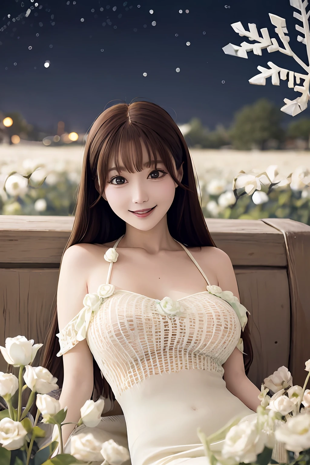 é空æ¯è¡£_lbc,1girl,solo,bare shoulders,breasts,bangs,upper body,long hair,brown hair,eyelashes,lips,large breasts,looking at viewer,face,red lips,smile,tongue,<lora:hollow_sweater_lbc:0.5>,
BREAK
beautiful detailed sky,night,stars,(red plum blossom),((winter)),(((snowflakes))),((red and white flowers)),(starry sky),(sitting),((colorful)),scenery,lantern,(starfall),