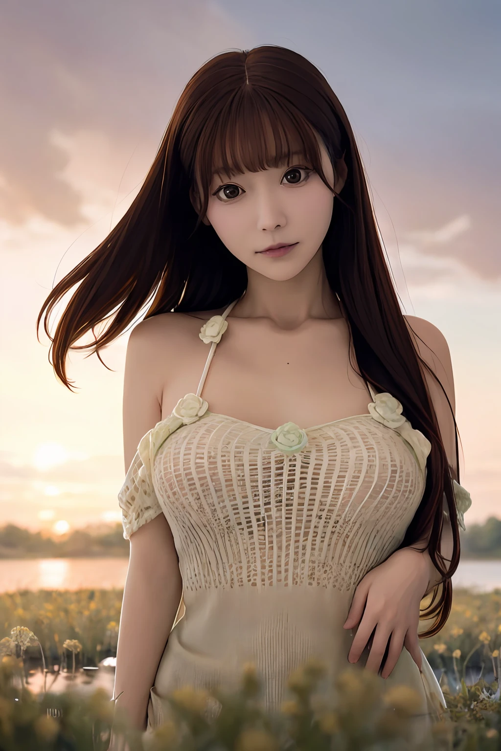 é空æ¯è¡£_lbc,1girl,solo,blurry,breasts,photorealistic,blurry background,long hair,brown eyes,brown hair,standing,depth of field,looking at viewer,medium breasts,<lora:hollow_sweater_lbc:0.6>,
BREAK
((breeze)),flying splashes,flying petals,wind,(water bloom),(delicate glow),(breeze),long Flowers meadow,((sunset)),(less stars form a circle),randomly distributed clouds,(rivers),(willows with branches falling into the water),