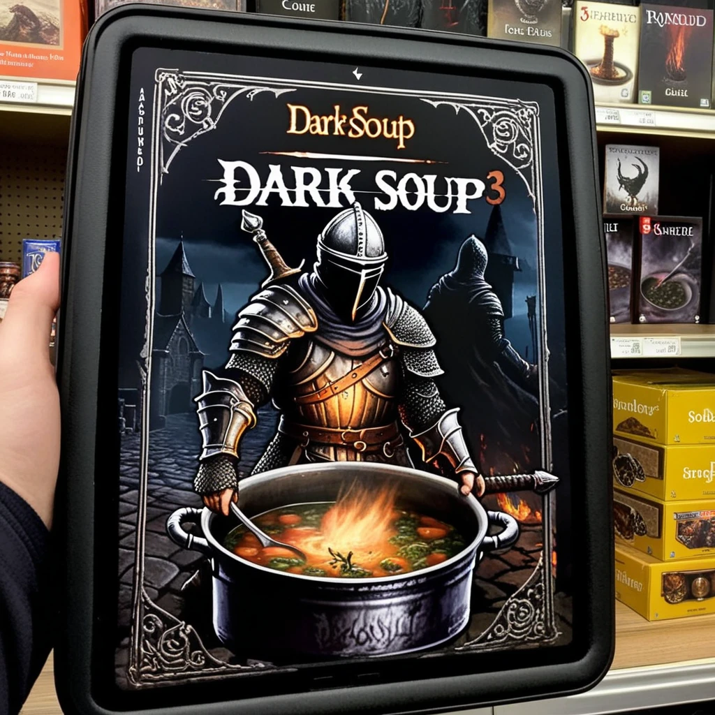 A PC game being held in a game shop. The game logo says "Dark Soup 3" using the Dark Souls 3 font. The artwork on the case shows the main character of Dark Souls 3 preparing soup in a cooking pot.