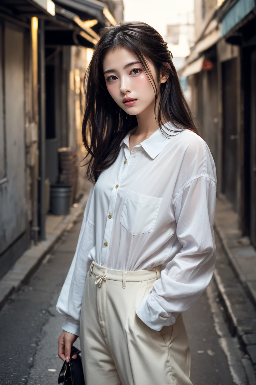 (realistic), (hyperrealism),best quality, masterpiece,ultra high res, (photorealistic:1.4),1girl,pale skin,(looking at viewer:2), <lora:add_detail:0.6>, street alley,
cowboy shot,<lora:makina69_hamabeminami_v1.5:1>