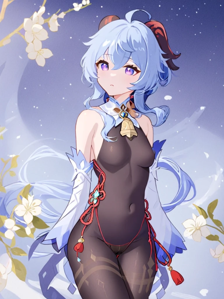 <lora:ganyu:1>,1girl,qingxin_flower,solo,ganyu_\(genshin_impact\),horns,breasts,blue_hair,long_hair,bell,ahoge,detached_sleeves,bare_shoulders,neck_bell,bangs,sidelocks,medium_breasts,white_sleeves,purple_eyes,thighlet,flower_knot,tassel,chinese_knot,pantyhose,black_pantyhose,