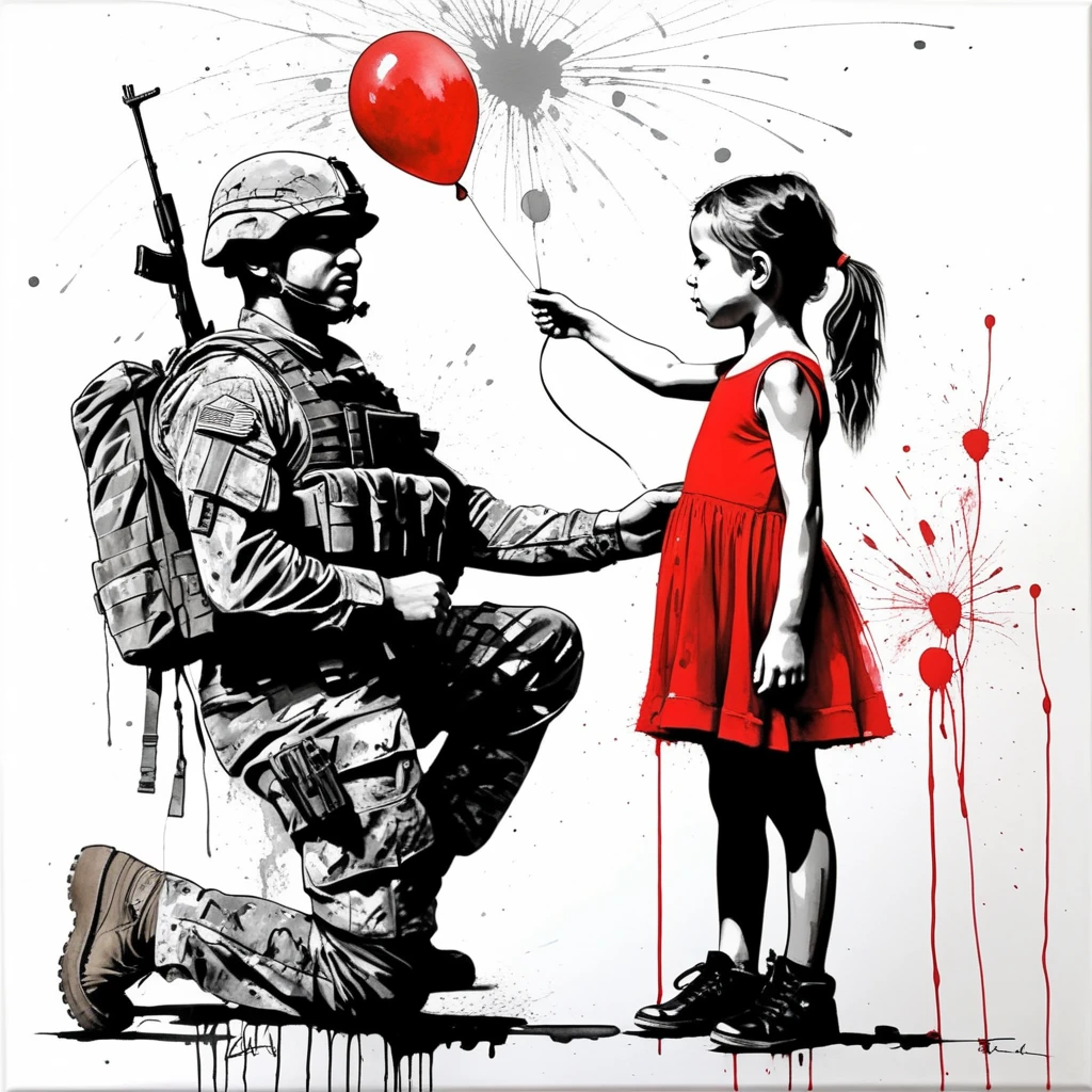 a black and white painting of a little girl red dress, side view, giving a red balloon to an adult army soldier holding a rifle, with red paint splatters, , with a black and white background, Carne Griffiths, incredible art, graffiti art, modern european ink painting