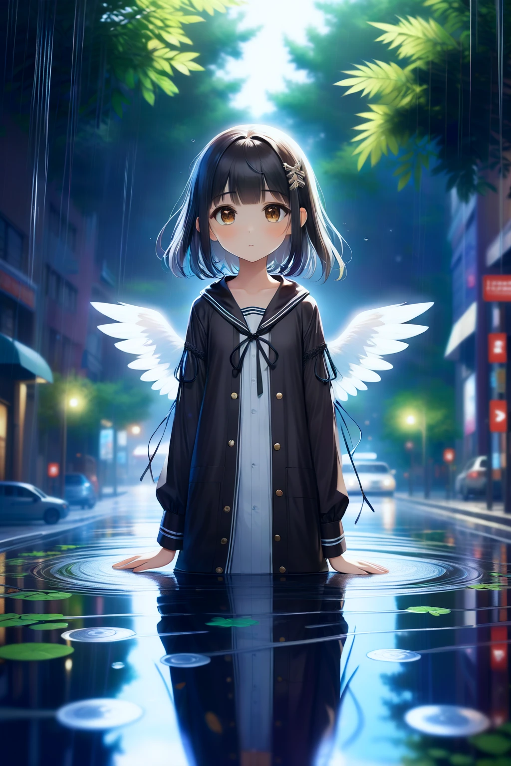 masterpiece,best quality, game CG,
1girl,solo,
, brown eyes,black hair, long hair,straight hair, blunt bangs, two side up,
BREAK
Rain pours down, creating puddles on the ground.
BREAK
Within the puddles, transparent specks of light reflect, as if an angel had descended upon this very spot.
BREAK
The surrounding air feels fresh, imbued with a special ambiance.