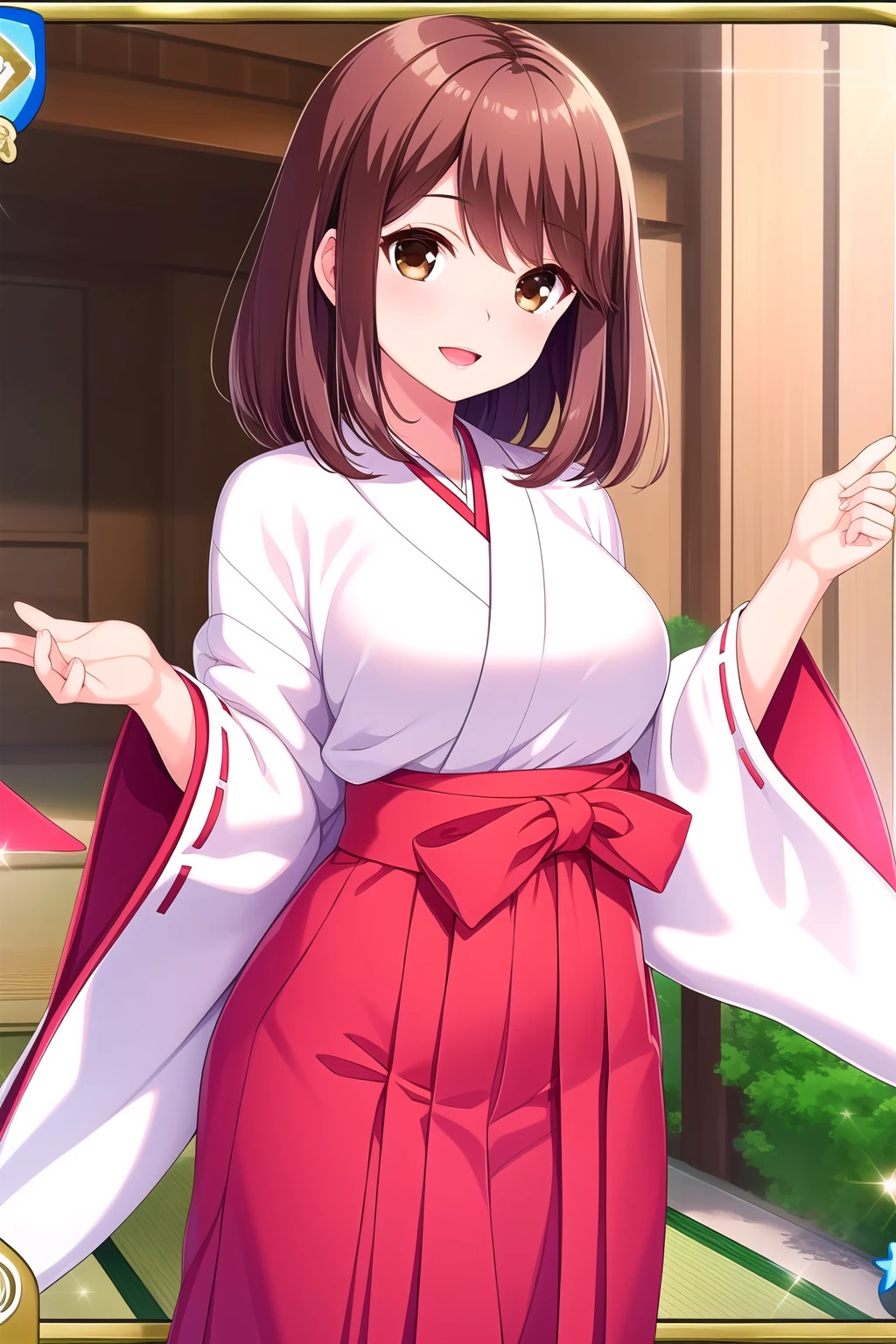 (masterpiece, best quality), highly detailed background, perfect lightingbest quality, shiinakokomi, solo, brown hair, hair ornament, long hair, brown eyes, breasts, white kimono, miko, hakama skirt, japanese clothes, smile, open mouth, pink lips, <lora:Shiina-Kokomi:0.7>