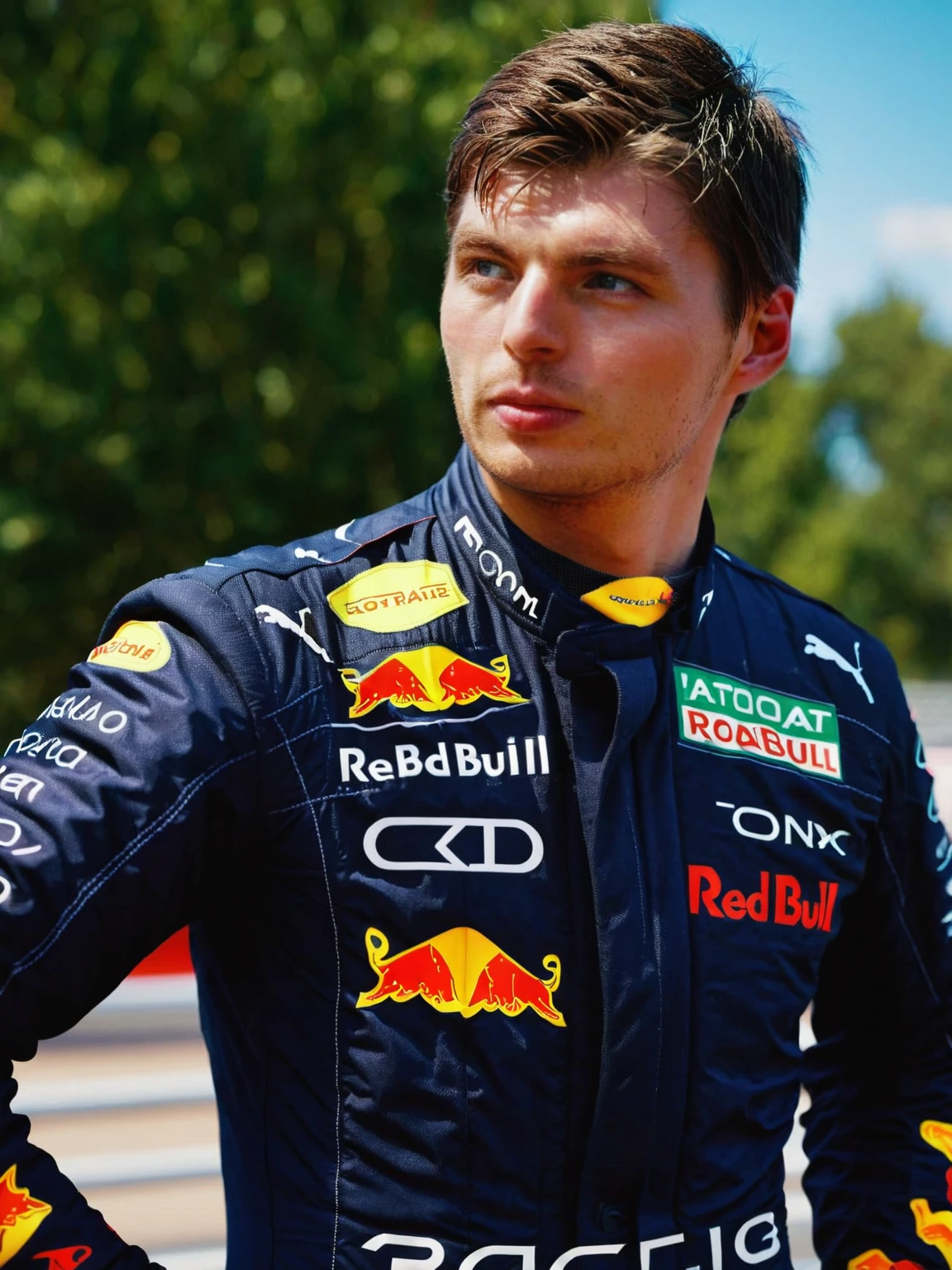 cinematic photo cinematic photo mxvrs man, wearing a redbull racing suit, posing, <lora:Max SDXL v2:1> . 35mm photograph, film, bokeh, professional, 4k, highly detailed . 35mm photograph, film, bokeh, professional, 4k, highly detailed