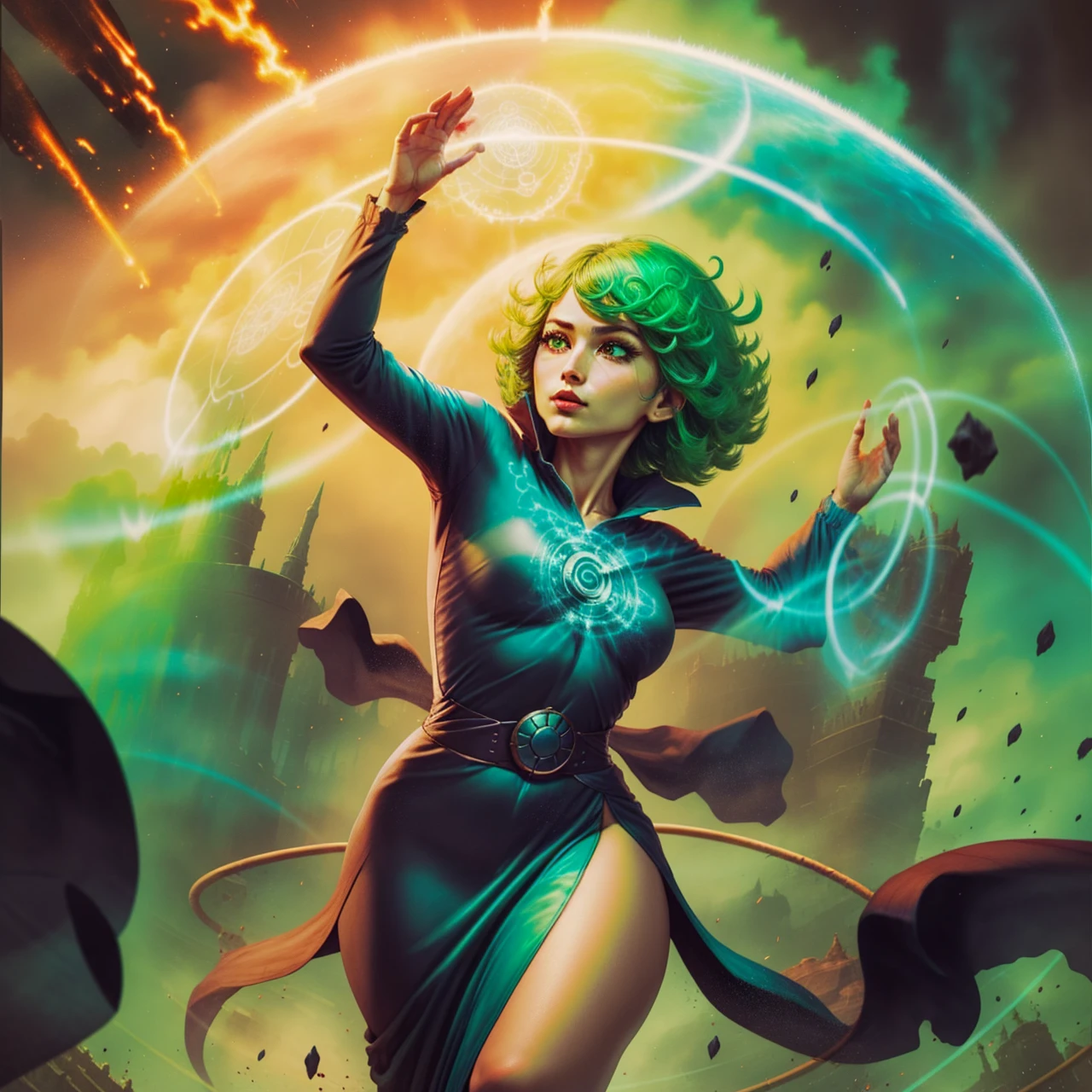 <lora:forcefield-10:0.9> forcefield, 1 short girl,1 arm raised, magic circle, <lora:opm_tatsumaki:0.85> tatsumaki, short wavy green hair, long sleeve black dress, bare legs, thighs
