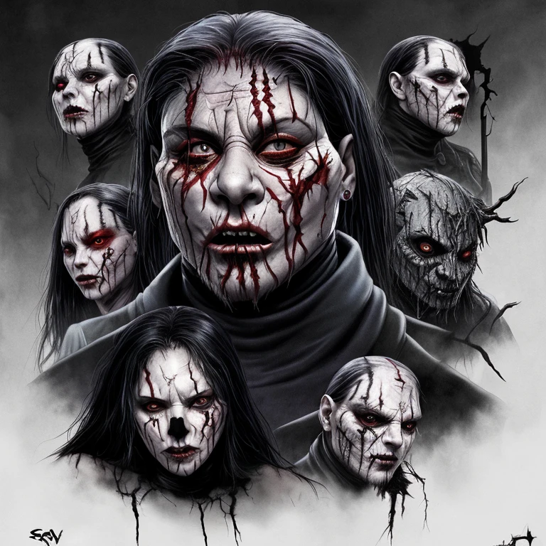 mdjrny-v4 style a very ominous, scary, scene with monsters, (scar face:1.5), (Festering appearance:1)