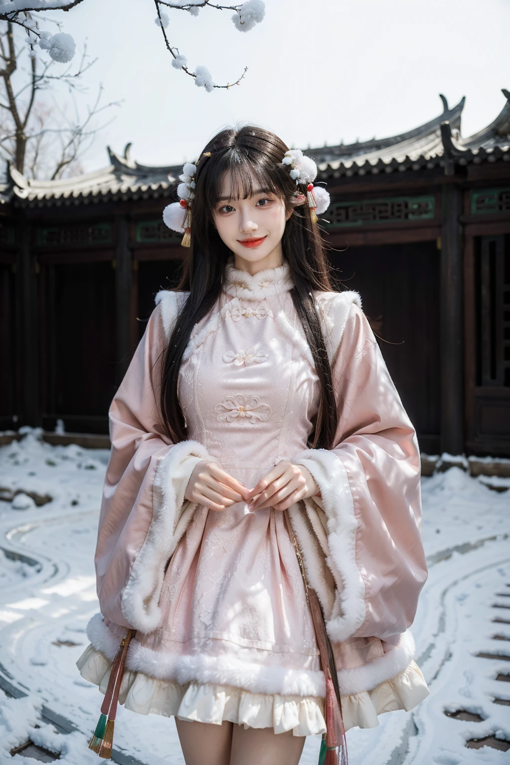 best quality, masterpiece, photorealistic, 1girl, solo, long hair, black hair, straight hair, smile, cowboy shot, looking at viewer, cns attire, cyb dress, chinese clothes, long sleeves, wide sleeves, chinese garden, flower, tree, ancient chinese building, snow, winter, <lora:cns_attire_vol2_style6_v1:0.7>