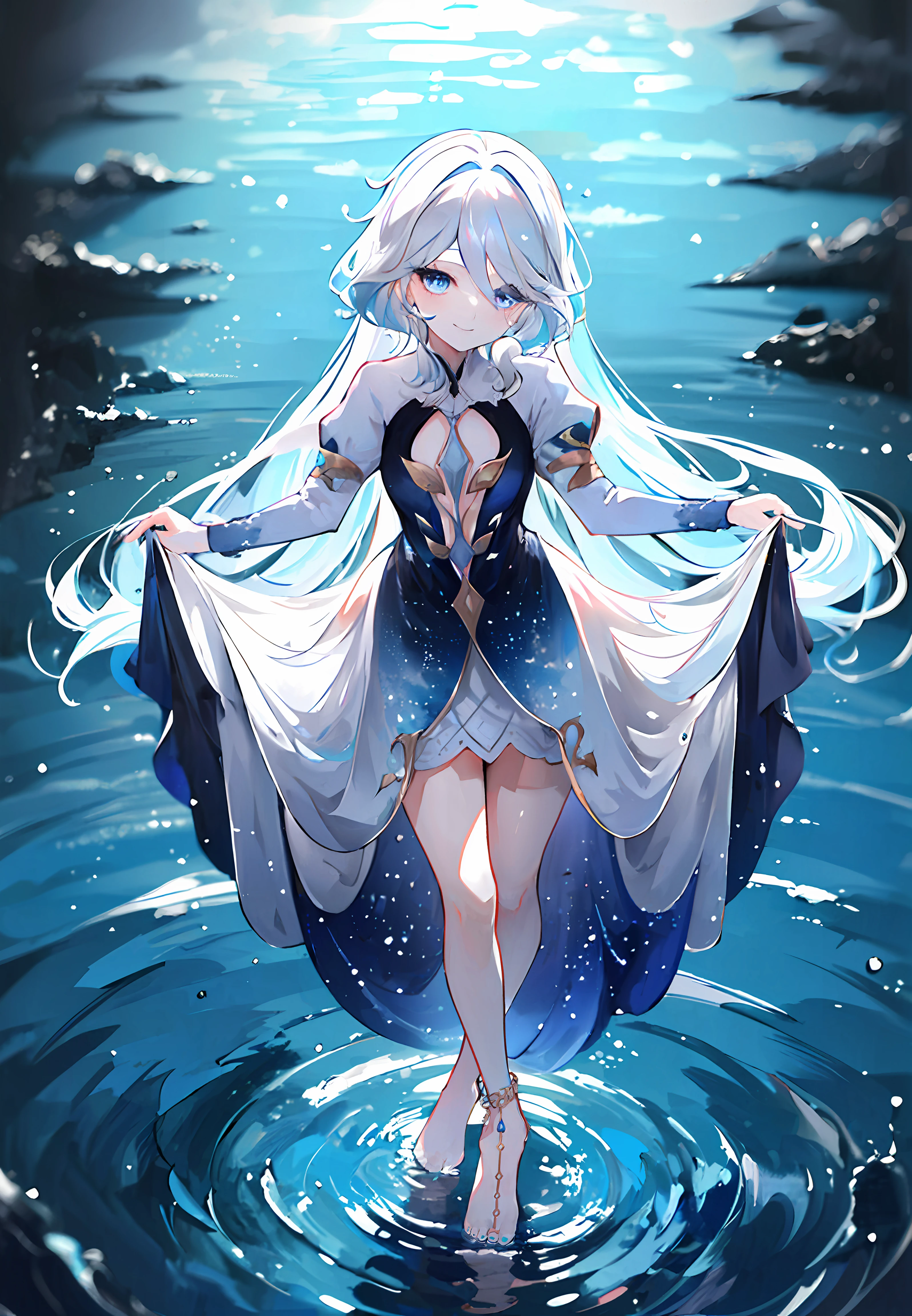 ((masterpiece,best quality)), 1girl, focalors, heterochromia, long sleeves, cutout dress, barefoot, anklet, smile, curtsey, standing on water, ripples,