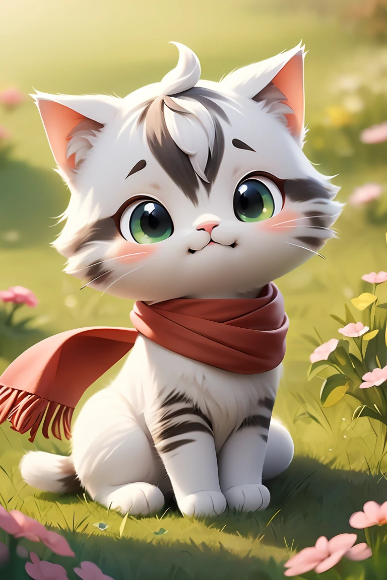 chibi, masterpiece, best quality, original, official art,1cat,red scarf,grass,blurred background, cartoon rendering, beautiful detailed glow, (detailed ice), beautiful detailed water,