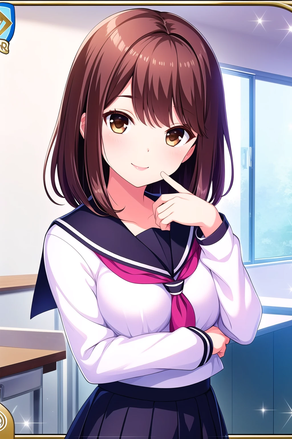 (masterpiece, best quality), highly detailed background, perfect lightingbest quality, shiinakokomi, solo, brown hair, long hair, brown eyes, breasts, black serafuku, pleated skirt, school uniform, smile, closed mouth, pink lips, <lora:Shiina-Kokomi:0.7>