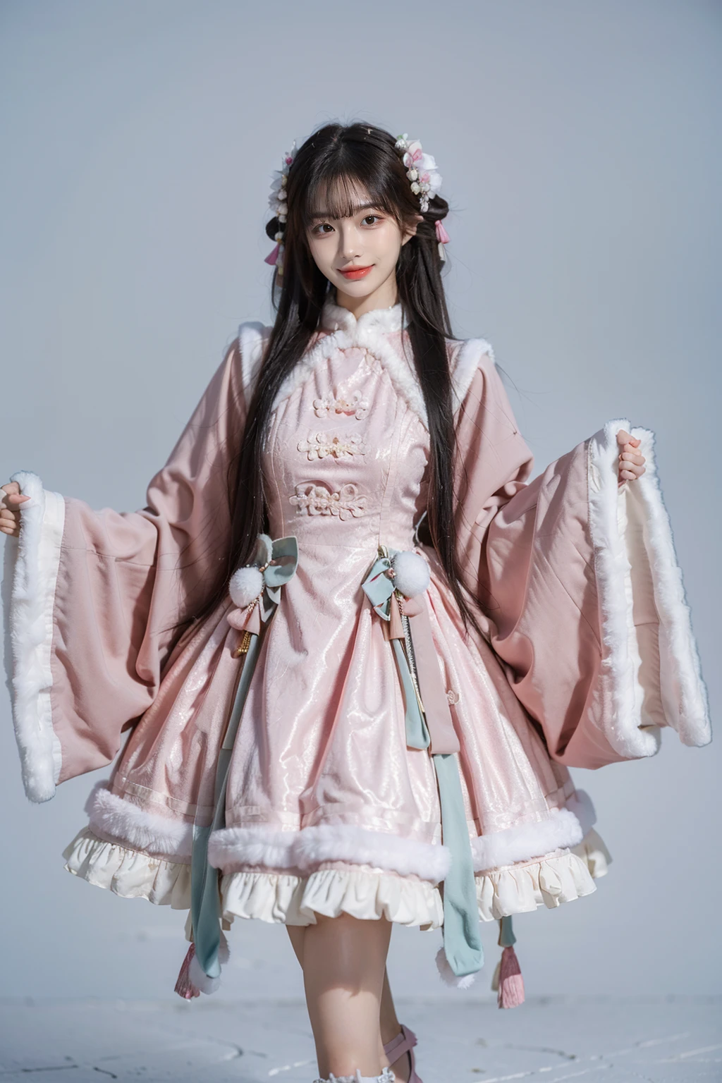 best quality, masterpiece, photorealistic, 1girl, solo, long hair, black hair, straight hair, smile, cowboy shot, looking at viewer, cns attire, cyb dress, chinese clothes, long sleeves, wide sleeves, high heels, simple background, <lora:cns_attire_vol2_style6_v1:0.7>