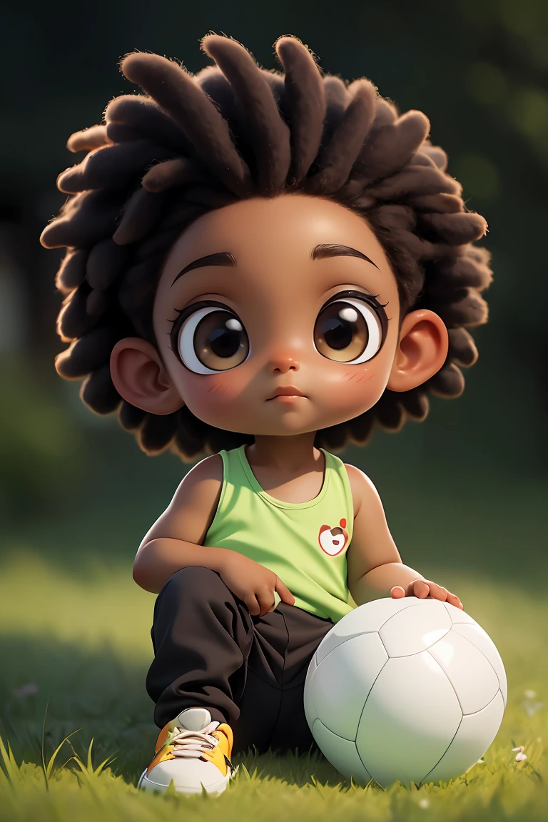 chibi, masterpiece, best quality, original, official art,full body, realistic portrait of cute African American baby ((dark brown skin color)), big eyes, sitting playing with a ball,grass, wearing tank top, black pants and black shoes, current fashion, kanekalon style hair,close-up, product view, detailed facial details, perfect face, sharpness, trend art, sharp facial details, neon lighting,blurred background,<lora:GoodHands-beta2:1>, cartoon rendering,