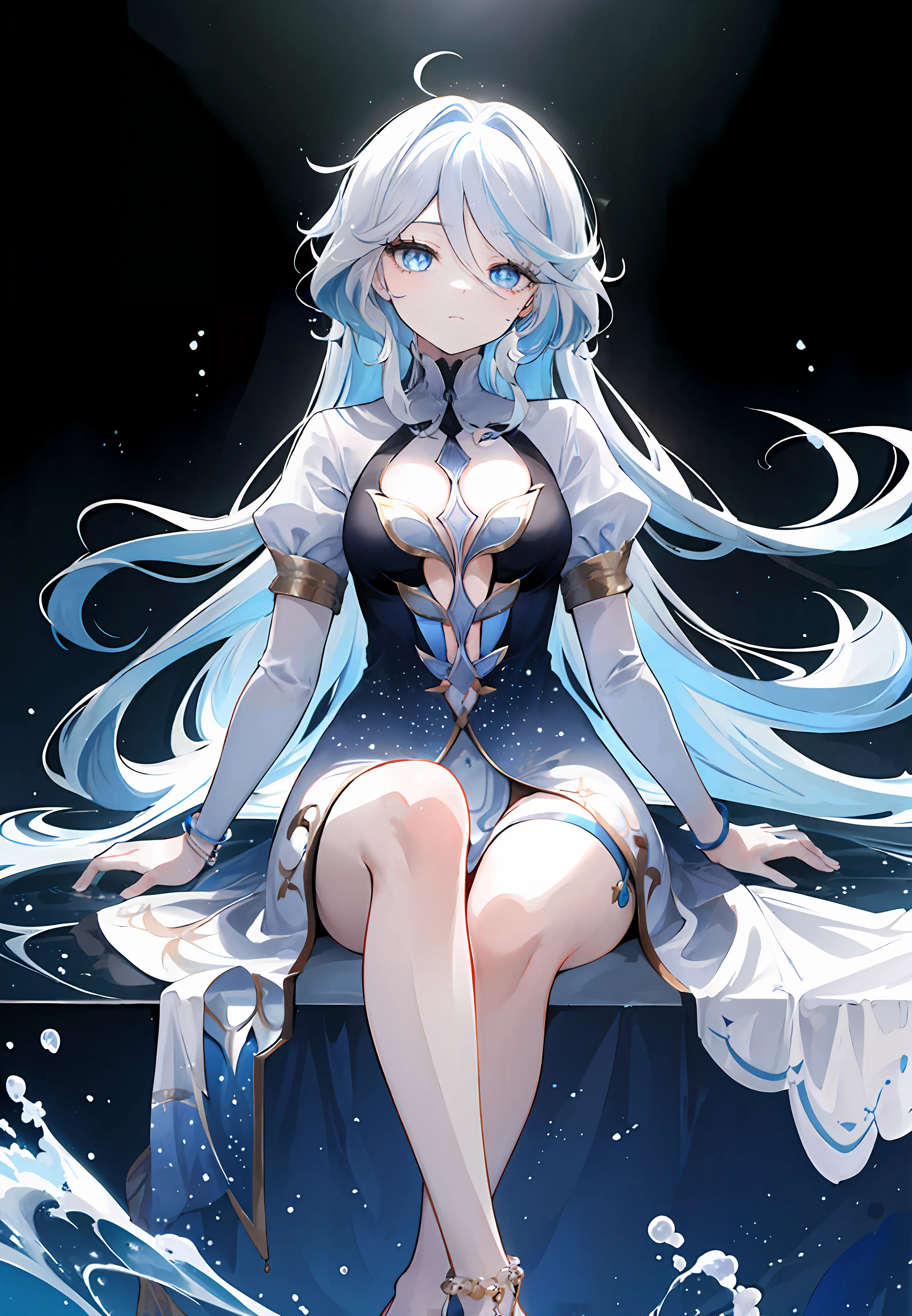 ((masterpiece,best quality)), 1girl, focalors, heterochromia, cutout dress, long sleeves, anklet, barefoot, water, simple background,