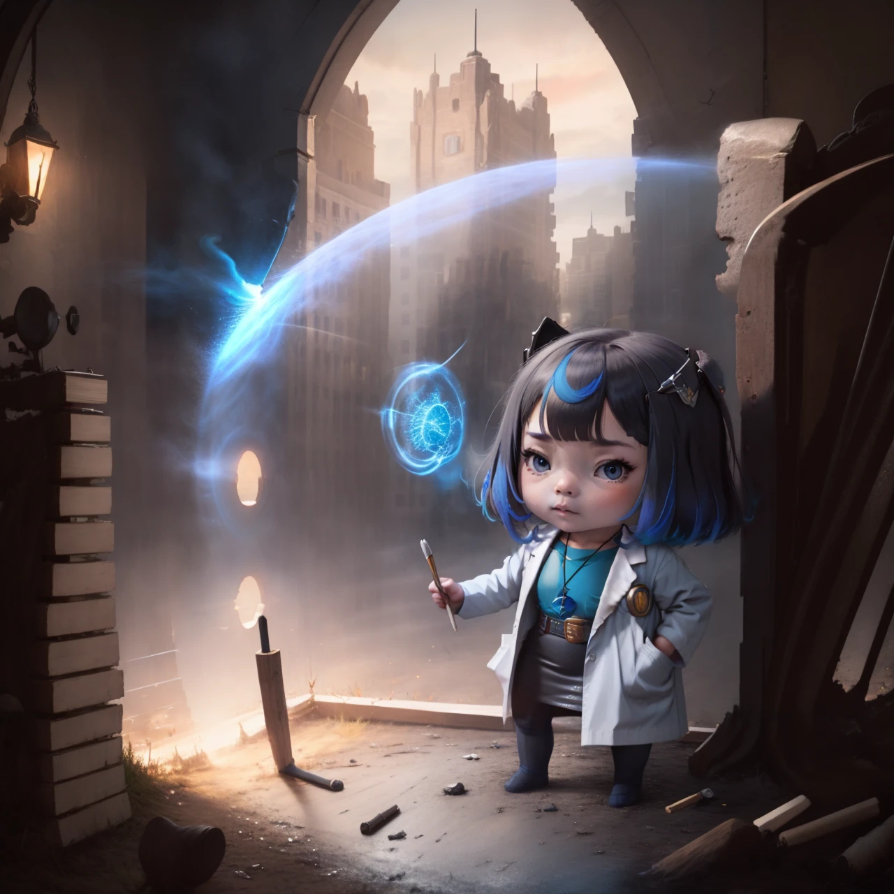 <lora:forcefield-10:1> forcefield, inside a doom, <lora:style_walfie-20:0.8> chibi <lora:gijinkaseries_civitai-18:0.25> civitai-chan, braided bangs, black and blue hair,  labcoat, shirt, shirt tucked in, single vertical stripe, black skirt, pencil skirt, pantyhose, necklace, belt