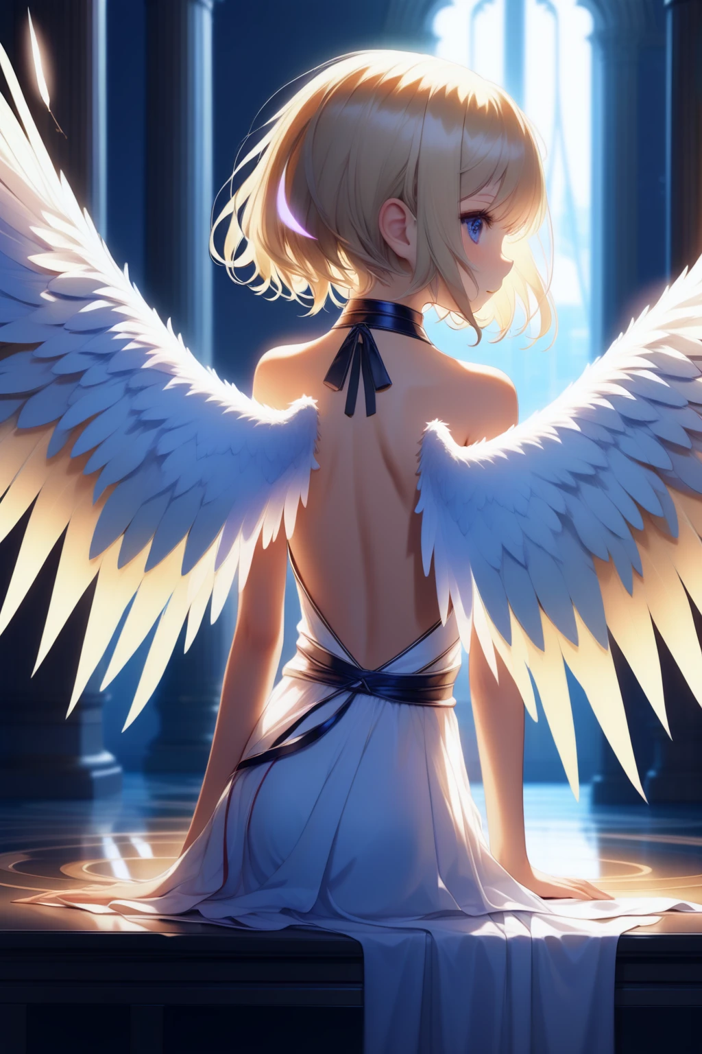 angel wing back,
1girl, masterpiece, best quality, beautiful feathered back,short hair, blonde hair,