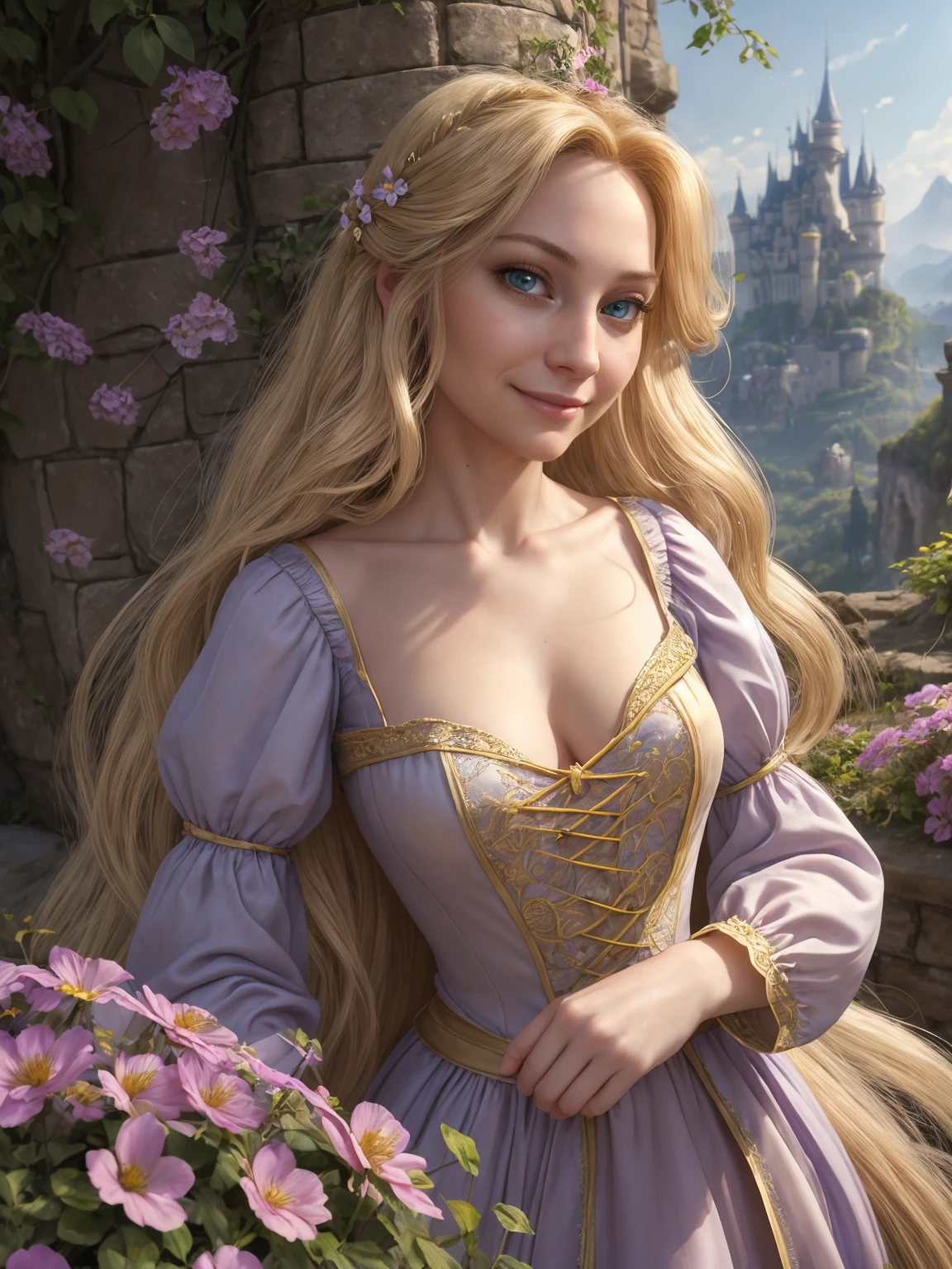 Highly detailed, professional 4k portrait of Rapunzel as an adult woman. Rapunzel features a radiant, optimistic expression, her eyes filled with wonder and a sense of adventure. Her iconic long, golden hair is captured with intricate detail and texture, cascading around her in a display of its magnificence. The background suggests the enchanting scenery of her secluded tower, with vibrant, blooming flowers and soft, natural lighting.
