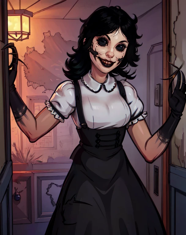 Agatha, black eyes, black hair, puffy sleeves, black dress, white shirt, barefoot, black claws, indoors, dark room, 1girl, solo, upper body, facing viewer, looking at viewer, smile,