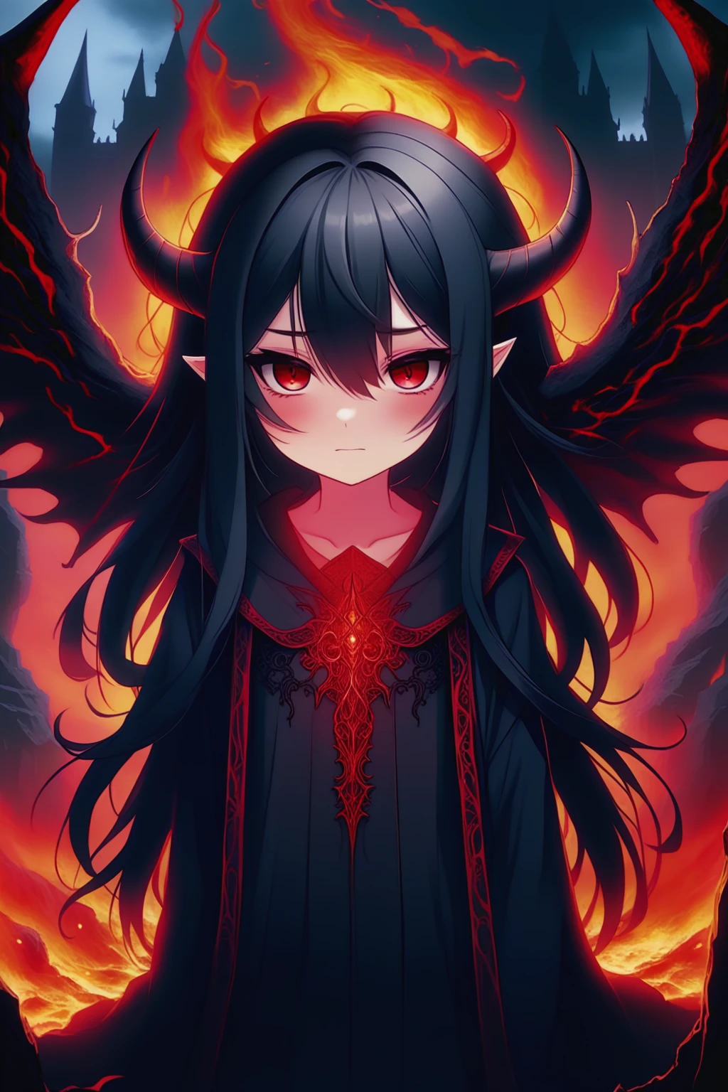 masterpiece, game cg,
medium hair, black hair,long hair,beautiful detailed eyes, specular highlight eyes,, ,1girl,red eyes,
As the gates of hell open,
BREAK
the Demon King emerges, his overwhelming presence commencing the trials of hell, judging people one by one.
BREAK
His judgments are strict and decisive, marking significant moments of fate.