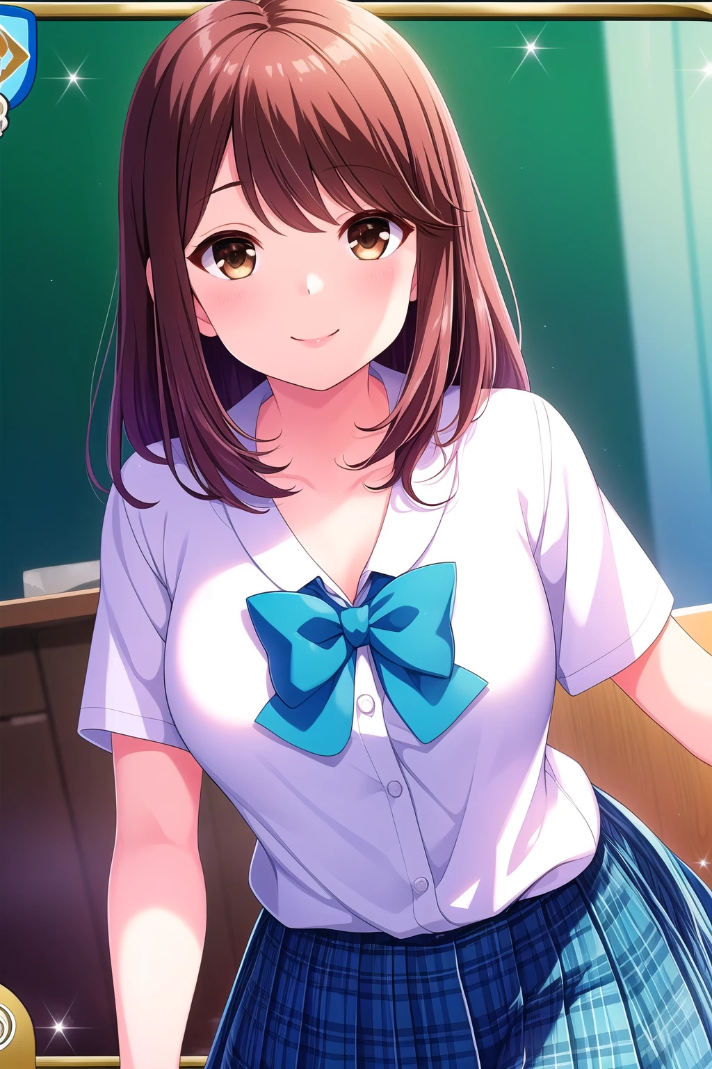 (masterpiece, best quality), highly detailed background, perfect lightingbest quality, shiinakokomi, solo, brown hair, long hair, brown eyes, breasts, white shirt, short sleeves, blue bowtie, blue skirt, plaid skirt, school uniform, smile, closed mouth, pink lips, <lora:Shiina-Kokomi:0.7>