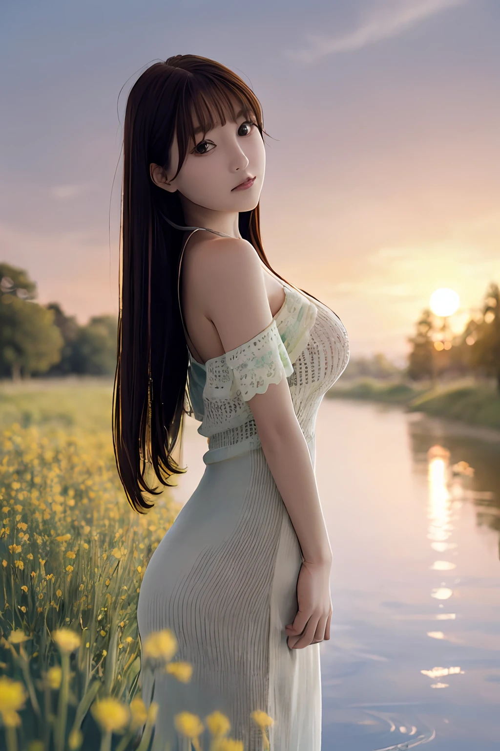 é空æ¯è¡£_lbc,1girl,solo,blurry,breasts,photorealistic,blurry background,long hair,brown eyes,brown hair,standing,depth of field,looking at viewer,medium breasts,<lora:hollow_sweater_lbc:0.6>,((breeze)), flying splashes, flying petals, wind,(water bloom), (delicate glow), (breeze), long Flowers meadow,((sunset)), (less stars form a circle), randomly distributed clouds, (rivers), (willows with branches falling into the water),