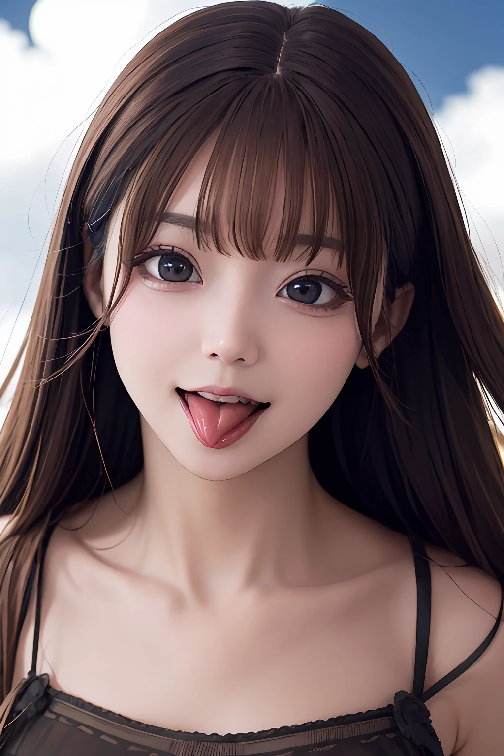 éç©ºæ¯è¡£_lbc,1girl,bangs,blunt bangs,brown hair,eyelashes,lips,long hair,looking at viewer,solo,tongue,tongue out,face,<lora:hollow_sweater_lbc:0.4>,
BREAK
((rose)),(vine),cage,bandage,red rope,(detail light),falling rose petals,beautiful detailed glow,detailed ice,beautiful detailed water,(cold full moon),snowflake,(floating cloud:1.2),