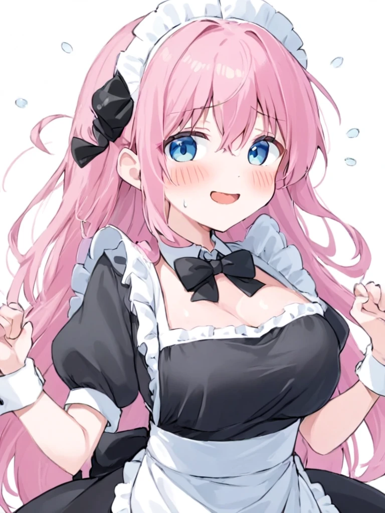 (1girl in:1.2), (Solo:1.2), masutepiece, nffsw、Shaders、Brilliant Textured Work、Ultra-detailed eyes、ultra-intricate pupil in eyes、top-quality、Pink hair、surprisingly long hair、maid clothes、very large breast、Breast pouches、a miniskirt、garterbelts、white stockings、Maid shoes、Head dress、Maid Cafe、Hands folded in front of the body、Embarrassed face、Pink blush、