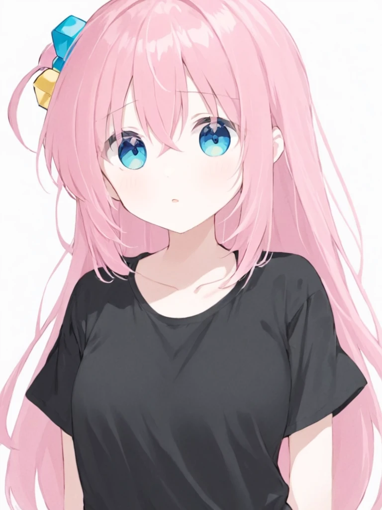 <lora:boki:1>,1girl, gotou_hitori, solo, pink_hair, shirt, cube_hair_ornament, long_hair, black_shirt, hair_ornament, blue_eyes, bangs, upper_body, looking_at_viewer, simple_background, white_background, twitter_username, one_side_up, short_sleeves, hair_between_eyes, t-shirt, hand_on_own_chest, parted_lips, collarbone