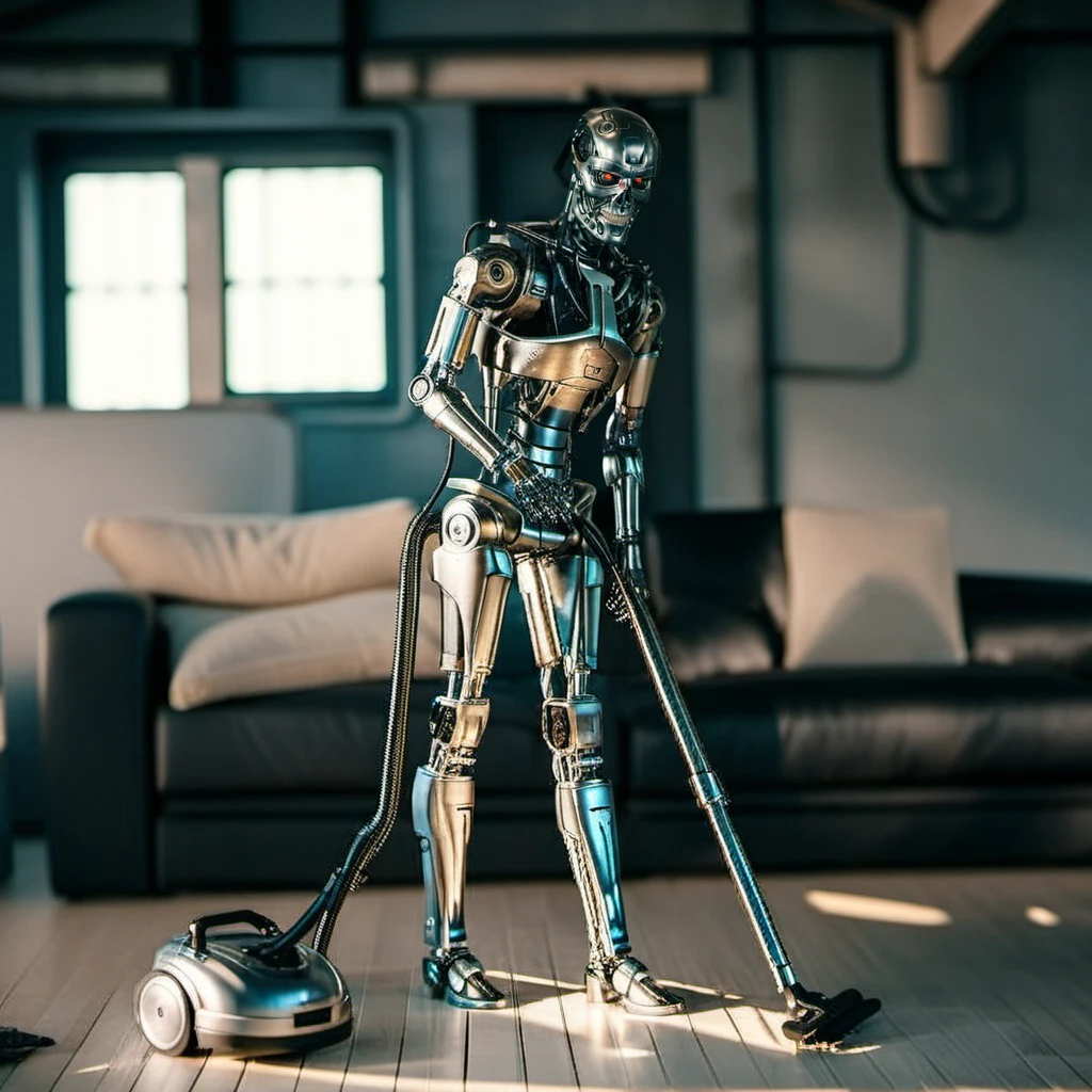 T800-1024, a robot is using a vaccum cleaner in a postapocalyptic house, detailed eyes, highly detailed, photography, ultra sharp, film, bokeh, professional, 4k <lora:add-detail-xl:1.5> <lora:T800-1024-000450:0.8>