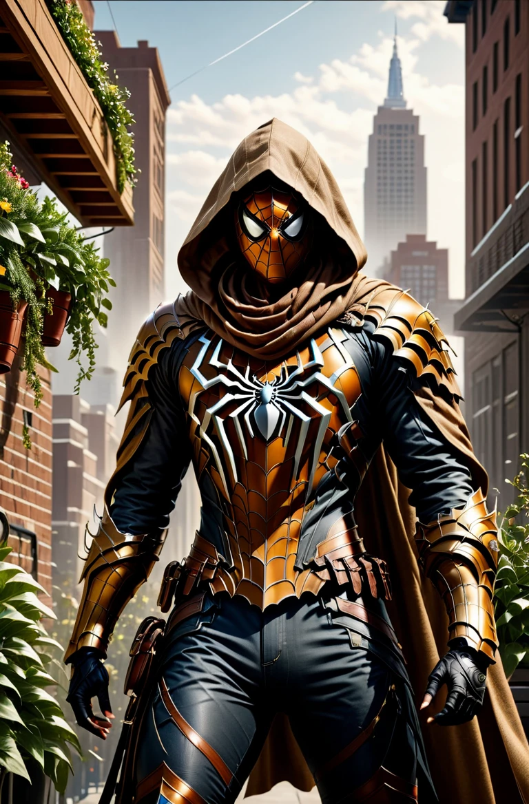 <lora:Armored HaDeS:0.9>  masterpiece, photorealistic highly detailed 8k photography, best cinematic quality, male in Burlap Brown chhdsrmr rmspdvrs, hood, spider logo, Low Defensive Sweep, Cowboy shot, Rooftop Gardens in Urban Areas